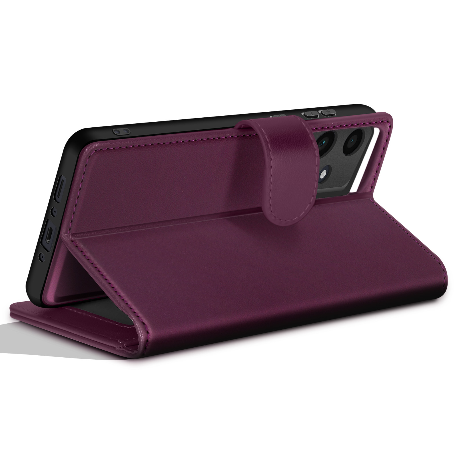 Una custodia per telefono color prugna è aperta, che tiene un telefono nero. La custodia è simile alla pelle con chiusura magnetica.