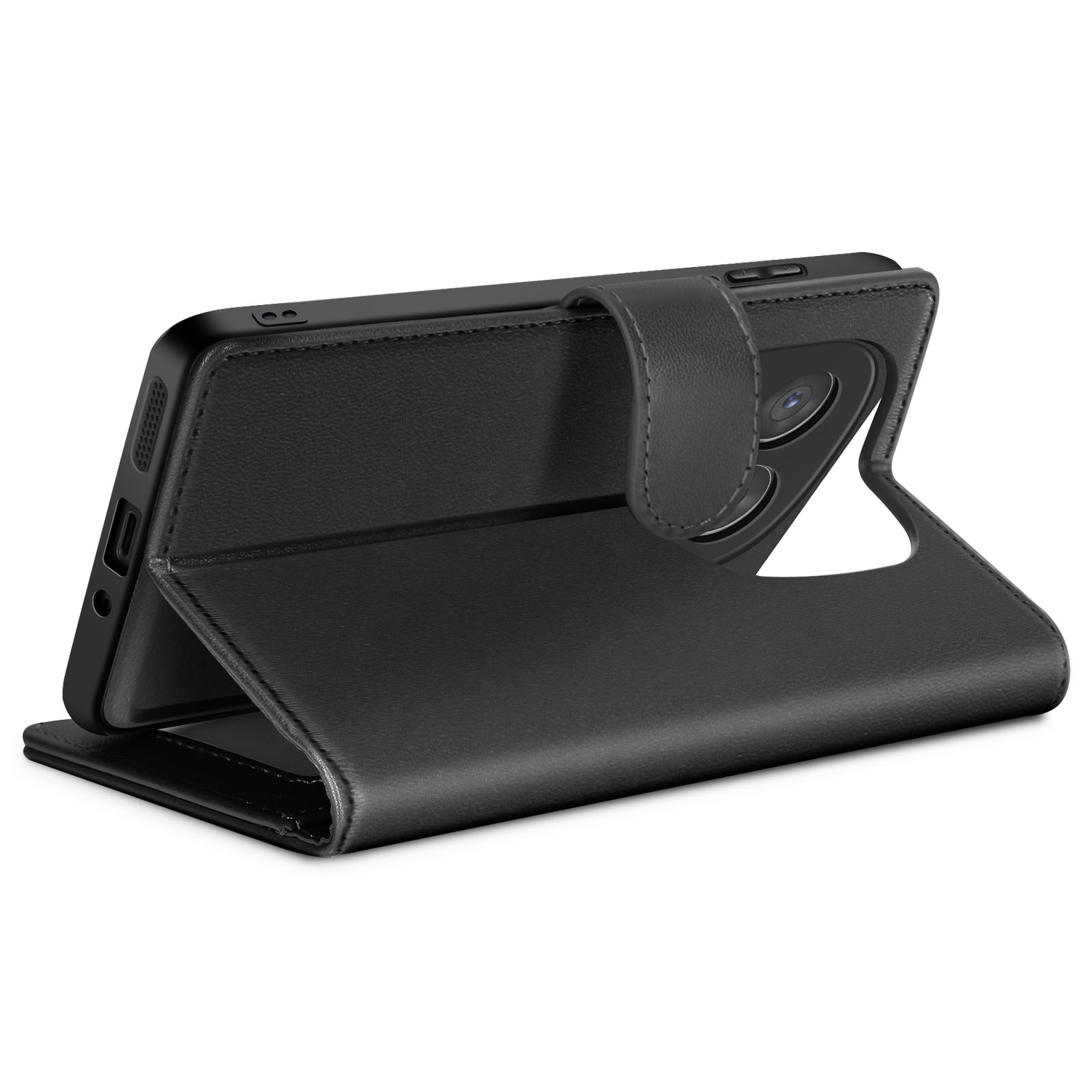 Una custodia per telefono in pelle nera è aperta, rivelando un telefono nero. La custodia ha una chiusura magnetica.
