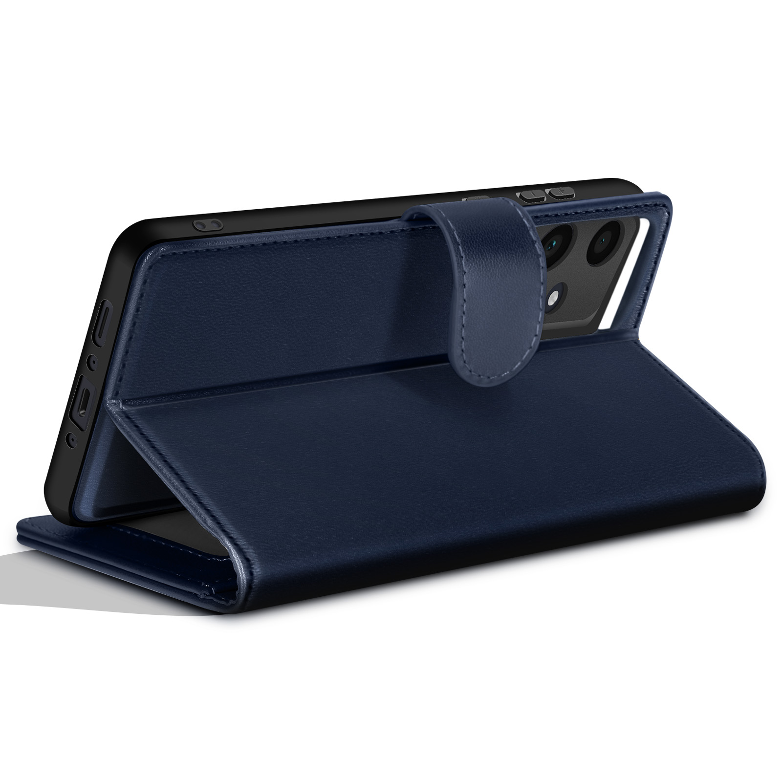 Una custodia blu navy è aperta, mostrando un telefono nero. La custodia è su una superficie bianca con un'ombra.