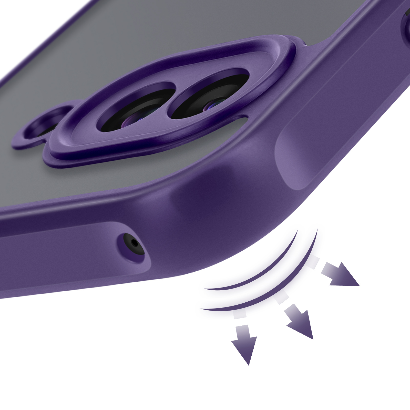 Primo piano di una custodia viola per telefono con fori per la fotocamera. Frecce indicano protezione. Sfondo scuro.
