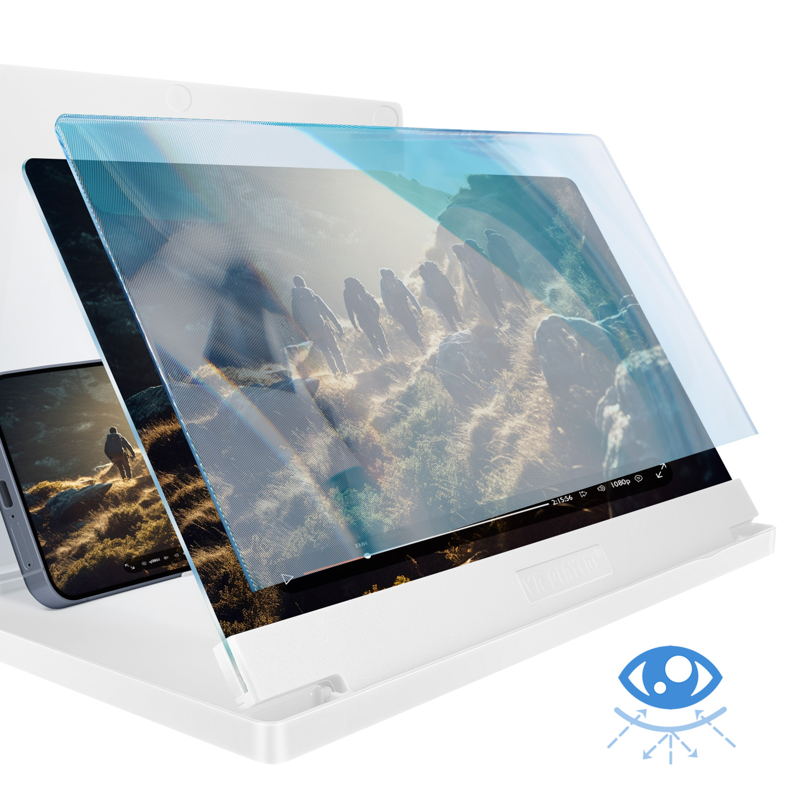 Un proteggi schermo sopra un tablet e un telefono. Il tablet mostra persone che fanno escursioni, il telefono mostra una persona che fa escursioni.