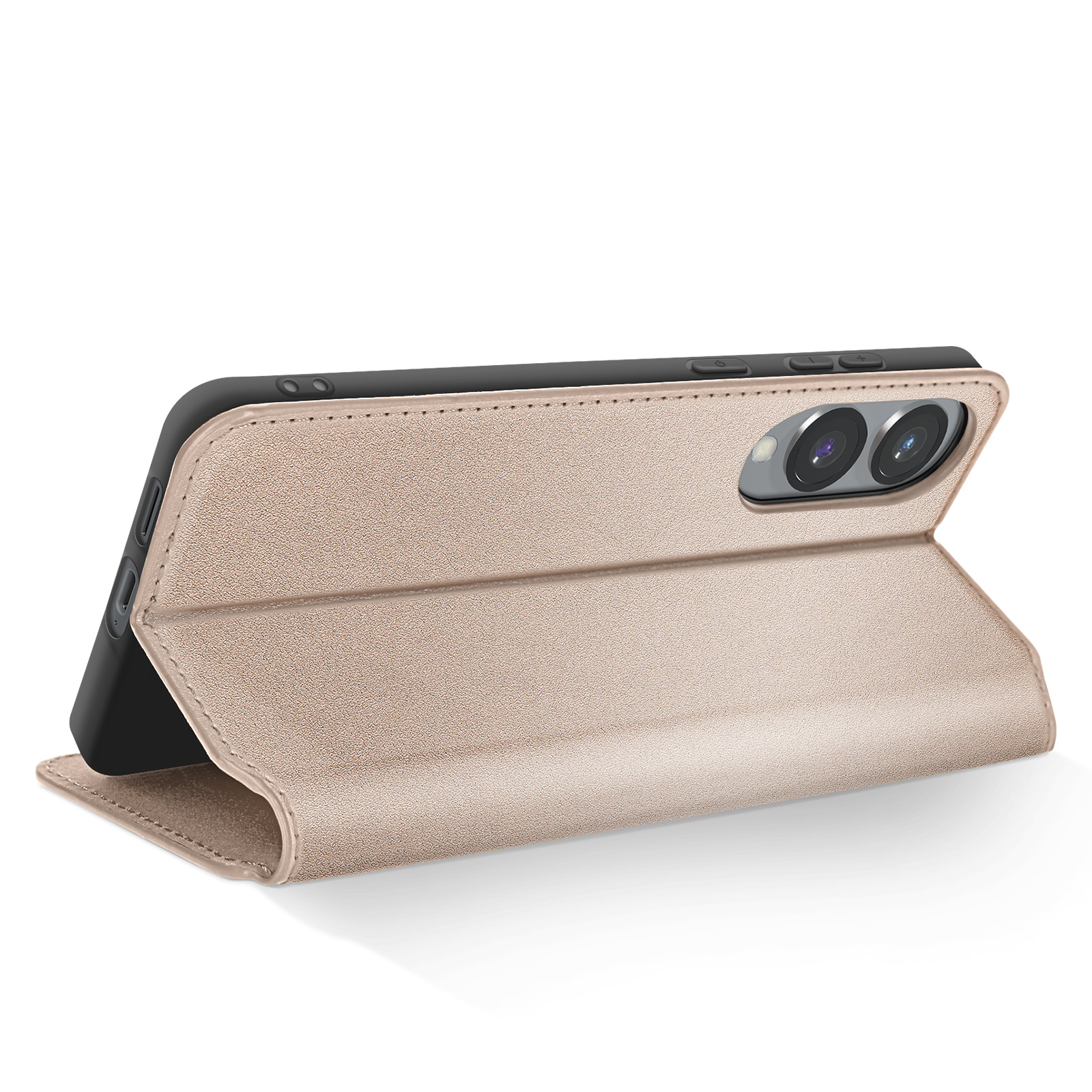 Una custodia beige per telefono con un telefono all'interno è aperta. La custodia è su sfondo bianco.