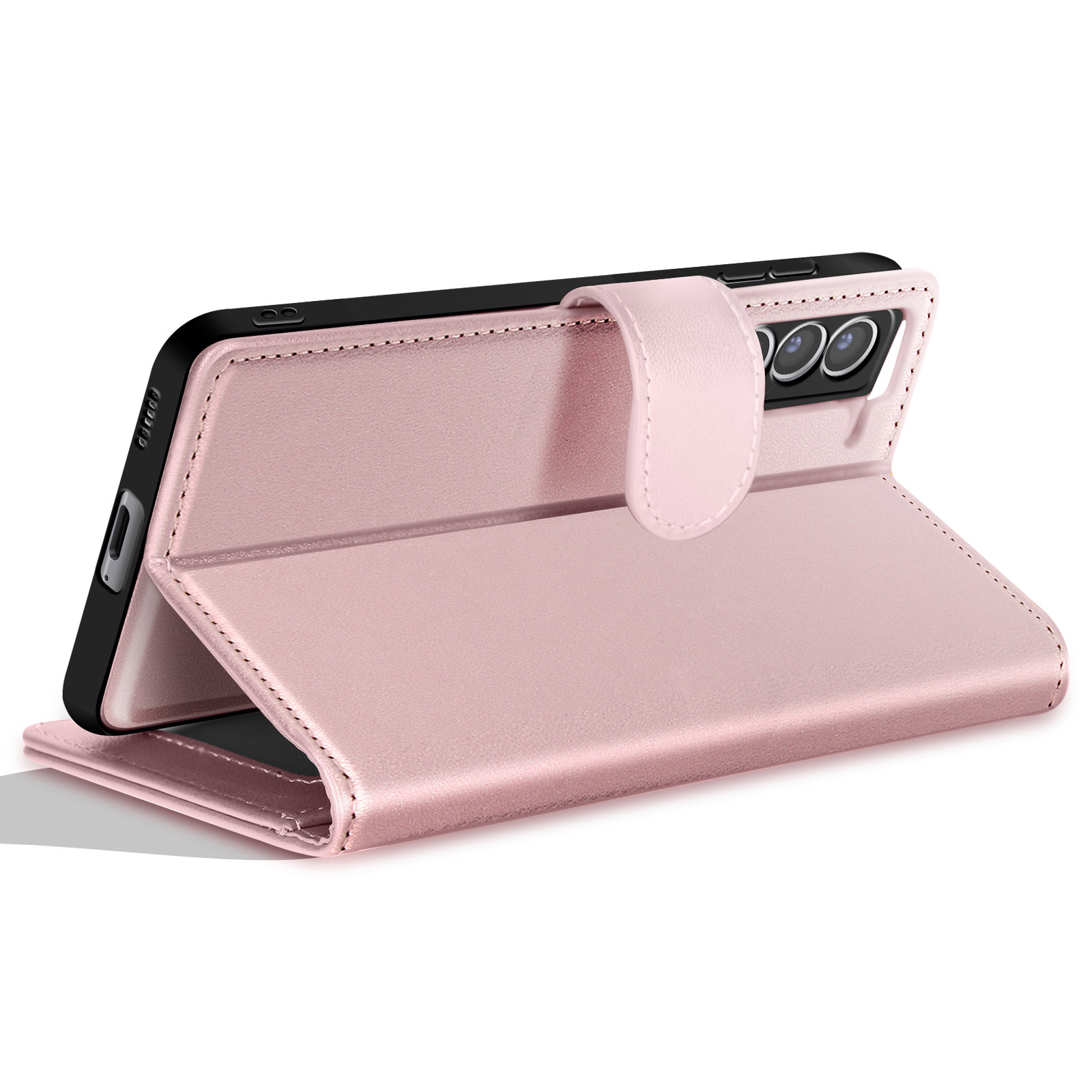 Eine rosa Handyhülle ist geöffnet und zeigt das Telefon. Die Hülle hat einen Magnetverschluss. Der Hintergrund ist weiß.