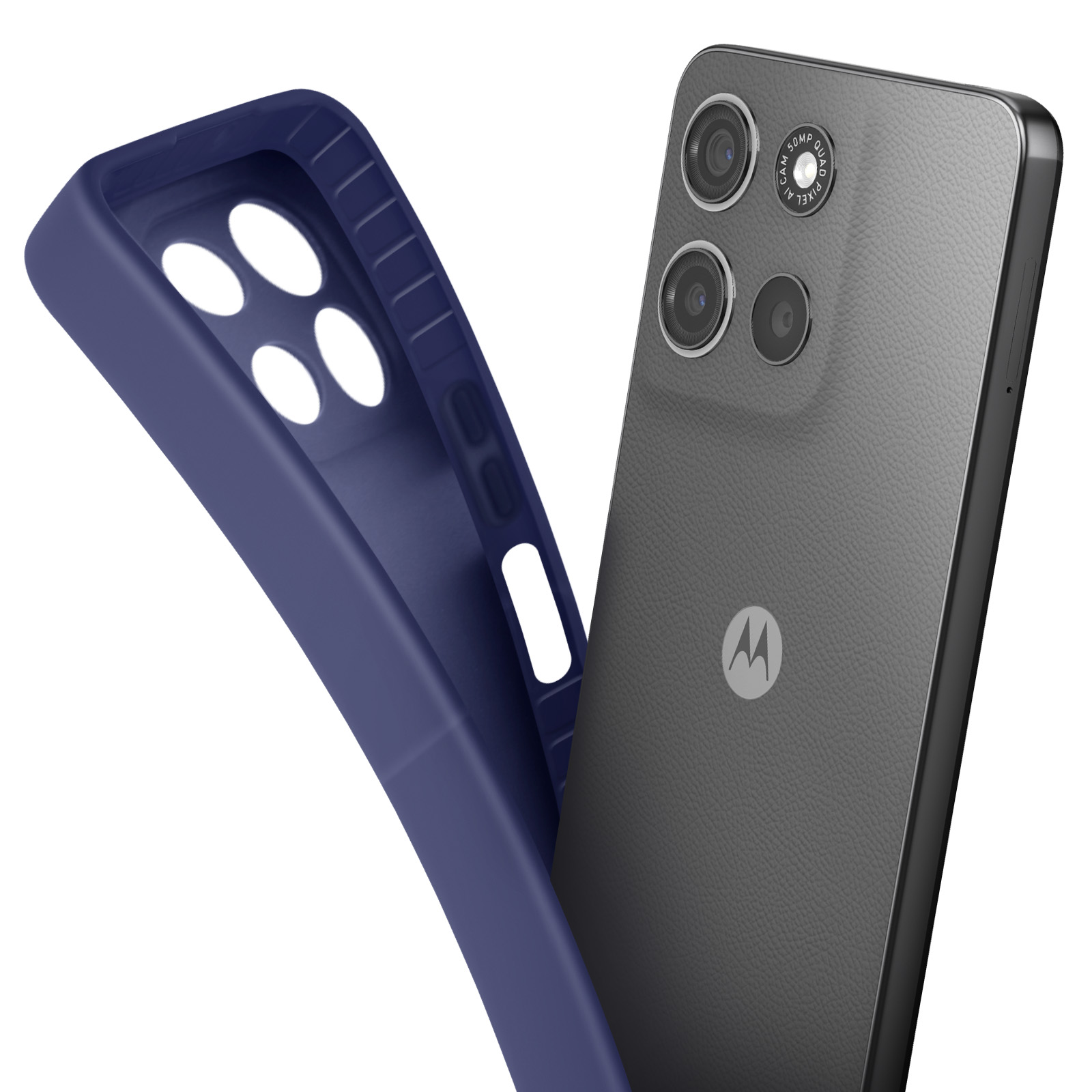 Een donkergrijze Motorola-telefoon met een blauwe hoes. De hoes is open en toont de achterkant van de telefoon.
