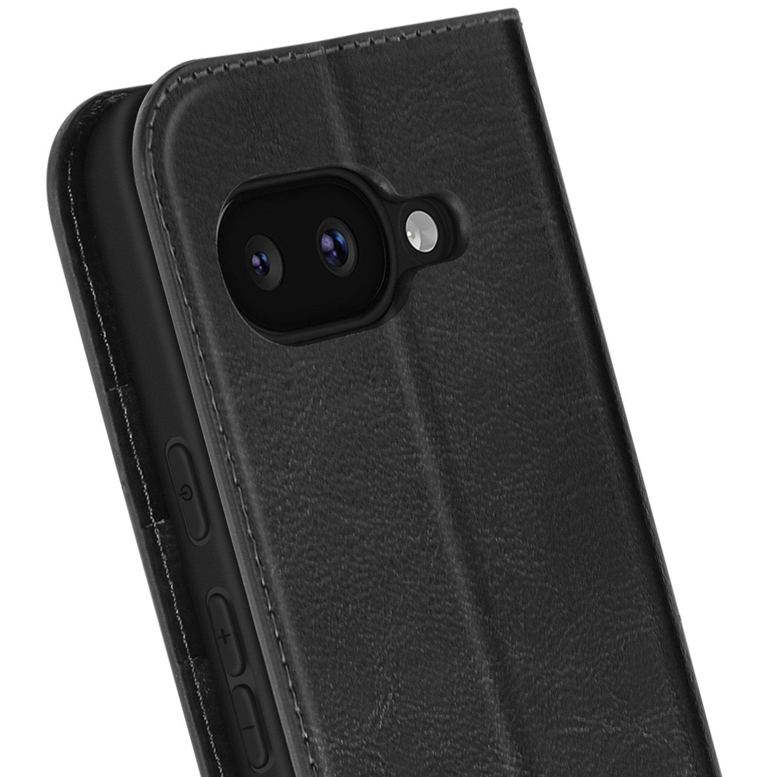 Primo piano di una custodia per telefono nera con modulo fotocamera. La custodia ha una superficie strutturata e bordi cuciti.
