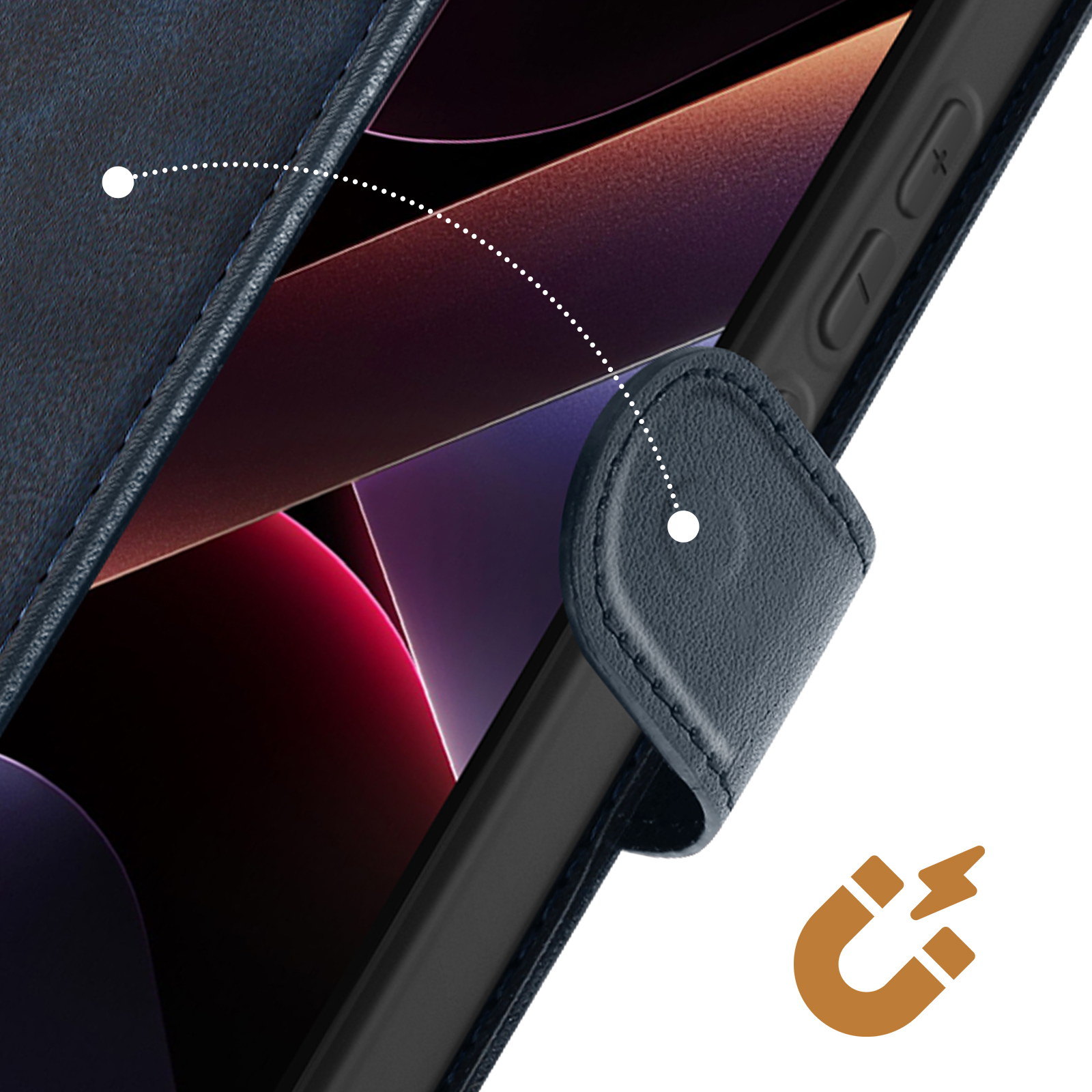 Primo piano di una custodia per telefono blu scuro con un telefono all'interno. Una linea tratteggiata mostra l'attrazione magnetica.