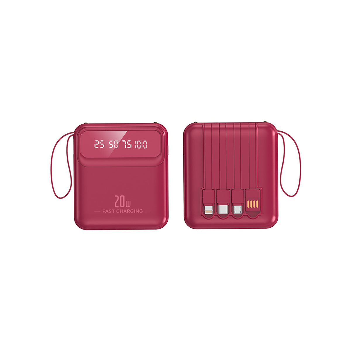 Zwei rote Powerbanks. Eine zeigt den Akkustand und 20W Schnellladung. Die andere hat vier eingebaute Ladekabel.