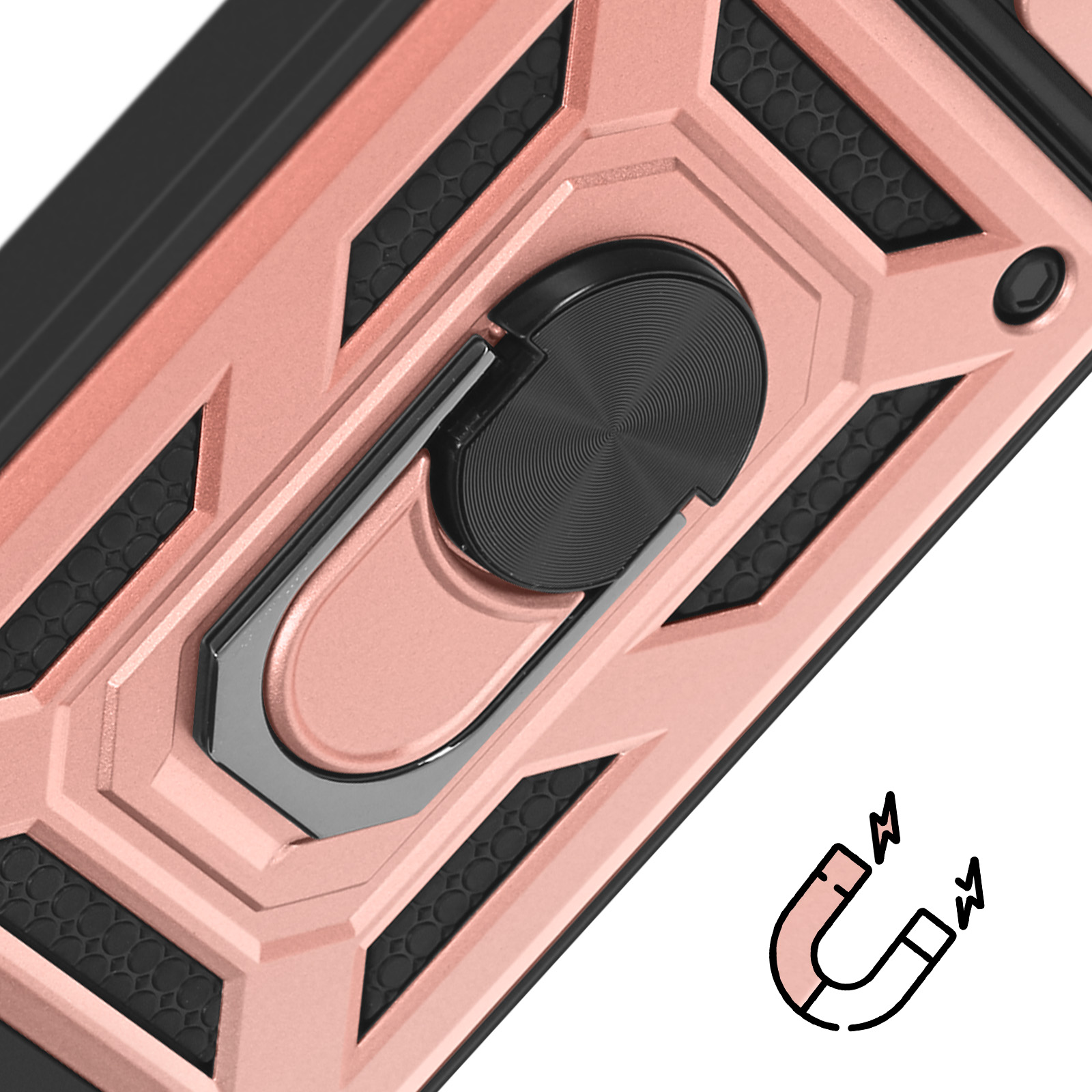 Una custodia per telefono oro rosa con anello nero, dettagli neri e icona magnete su sfondo bianco.