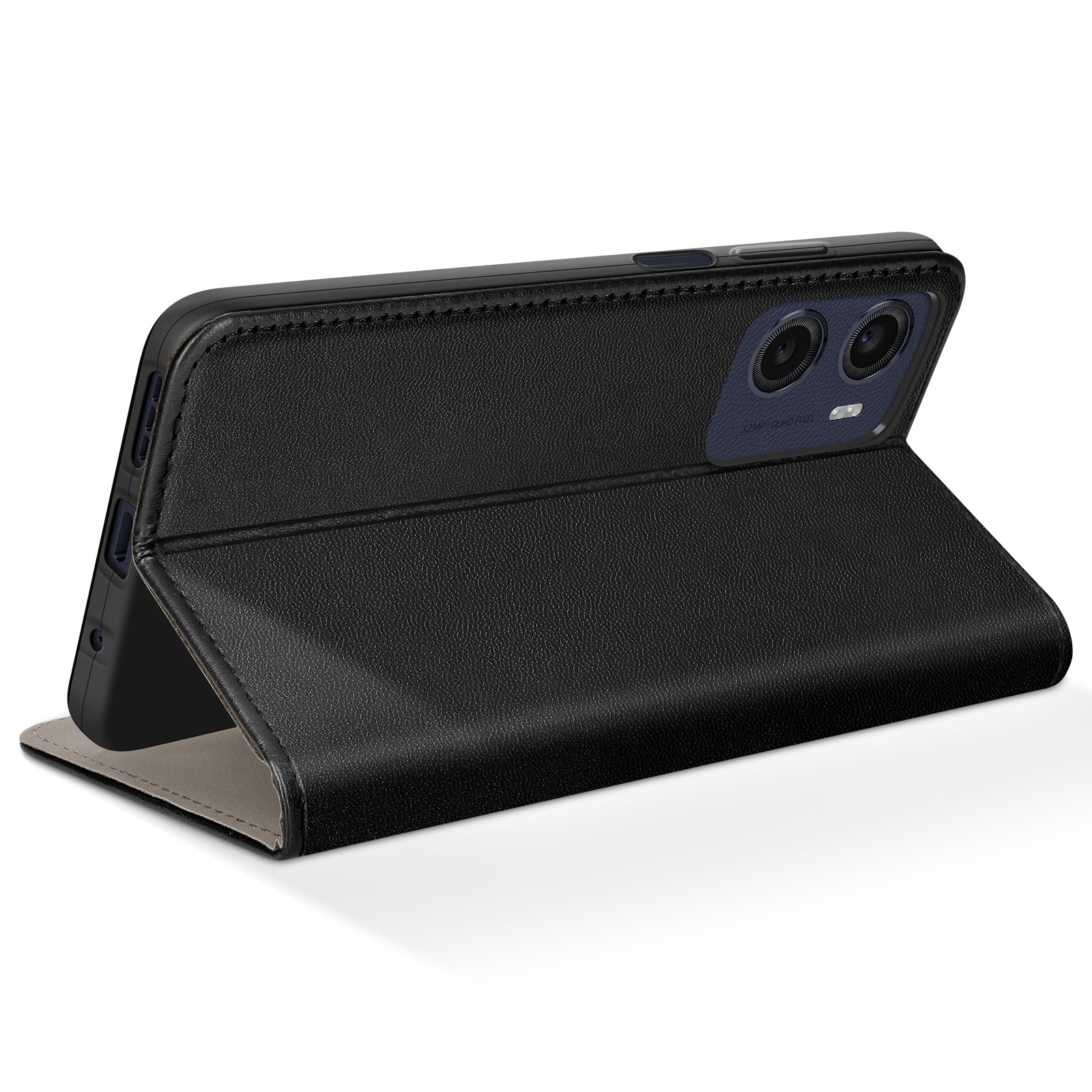 Custodia per telefono in pelle nera, aperta per rivelare il telefono. Dettaglio fotocamera blu scuro visibile. Sfondo bianco.