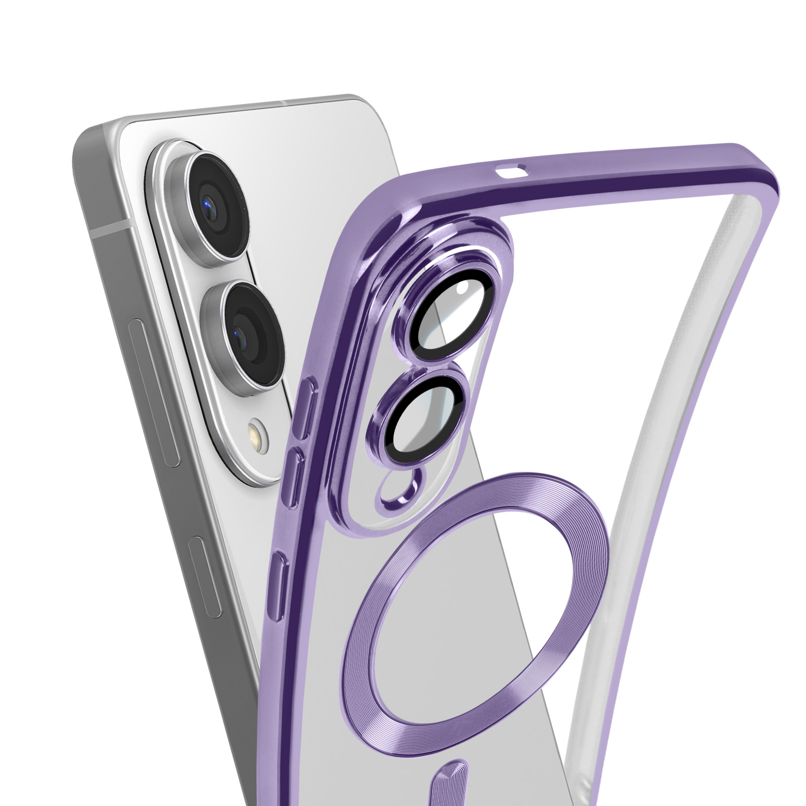 Un telefono e una custodia viola. La custodia ha un anello. Il telefono ha tre obiettivi.