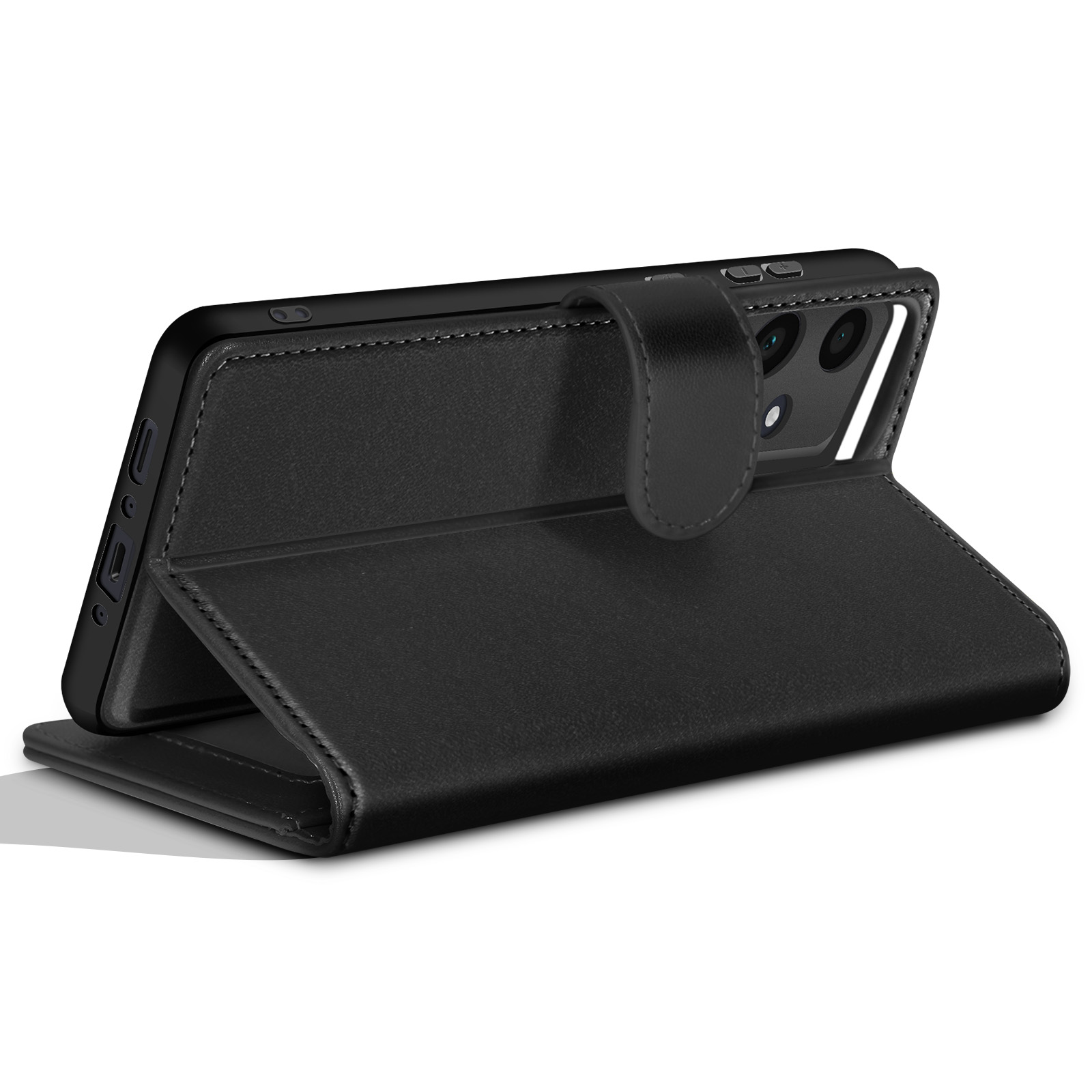 Custodia per telefono nera, aperta, che tiene un telefono nero. La custodia ha una cinghia magnetica. Sfondo bianco.