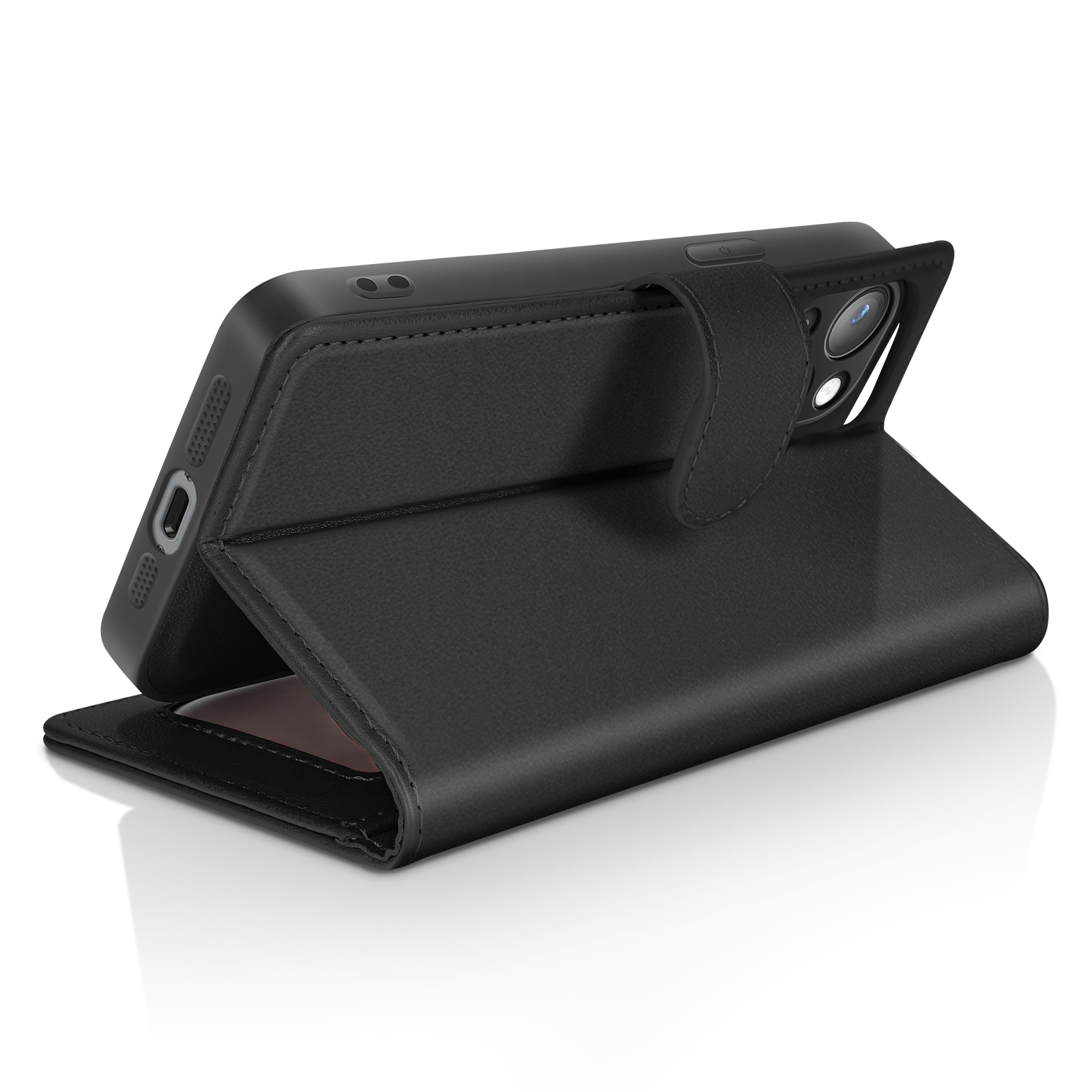 Una custodia nera per telefono con un telefono all'interno è aperta. La custodia ha una chiusura magnetica e uno slot per schede.