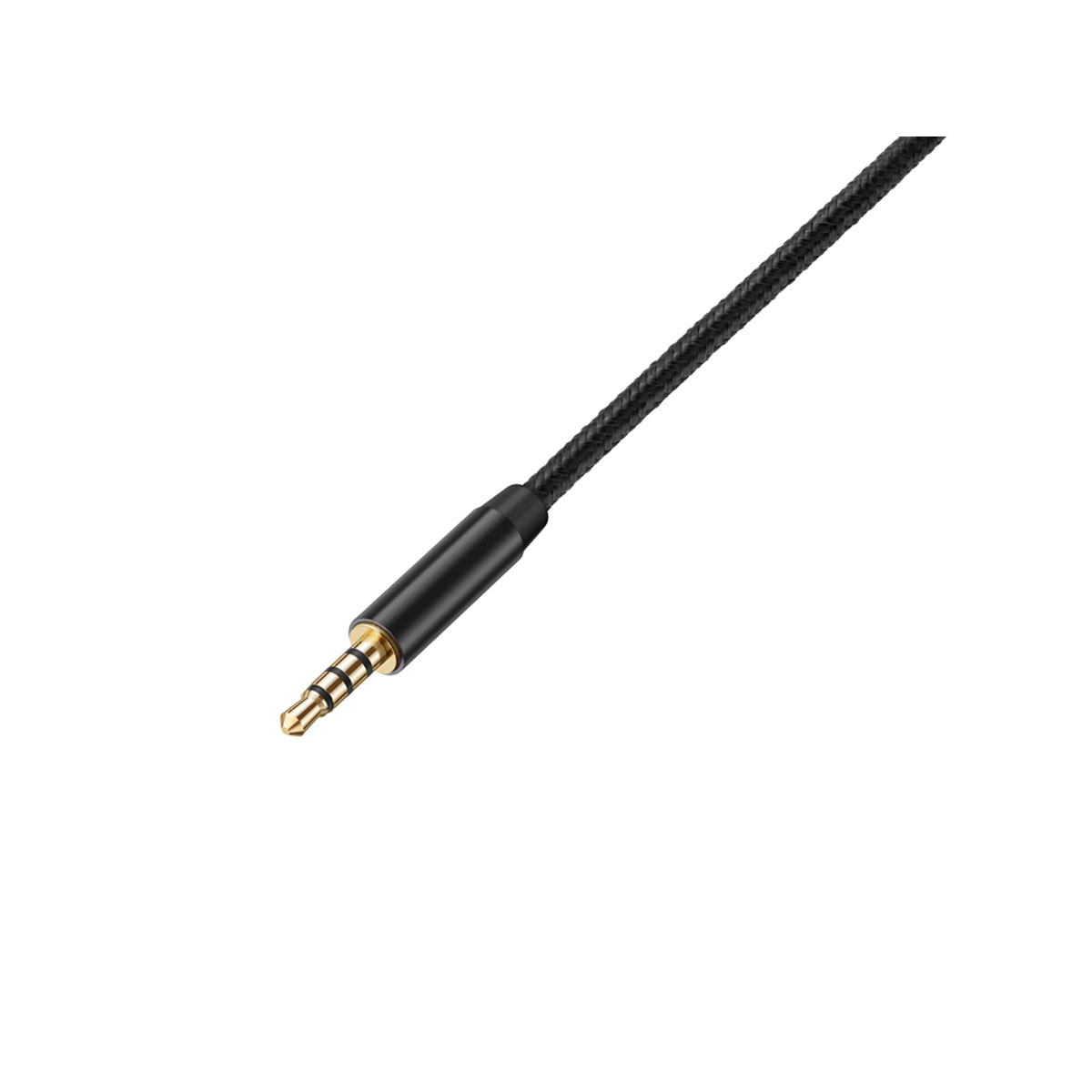 Nahaufnahme eines Audiokabels. Das Kabel ist schwarz und geflochten. Der Audioanschluss ist goldfarben mit schwarzen Details.