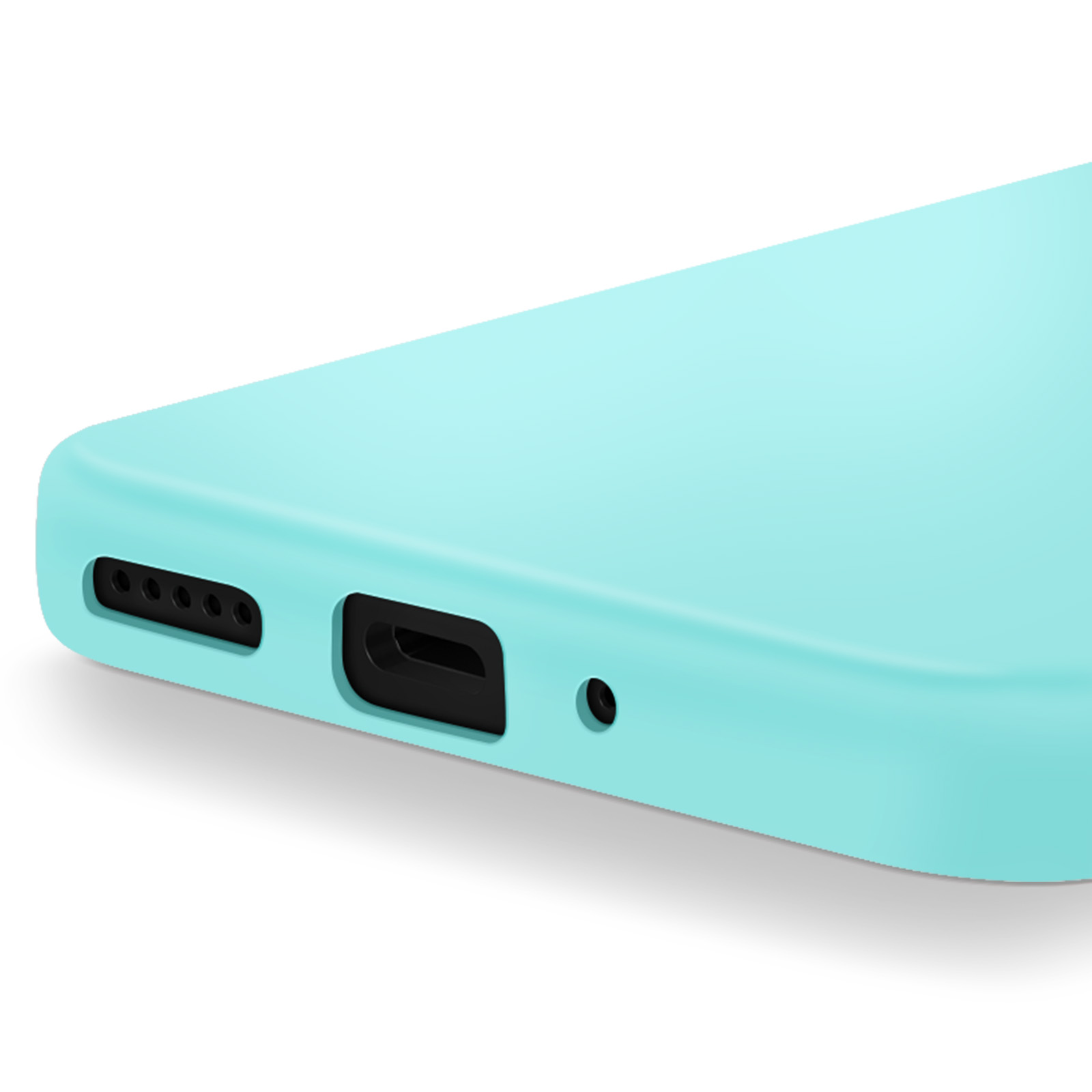 Primo piano di un telefono azzurro. Visibili la porta di ricarica, i fori degli altoparlanti e un microfono. Sfondo bianco.