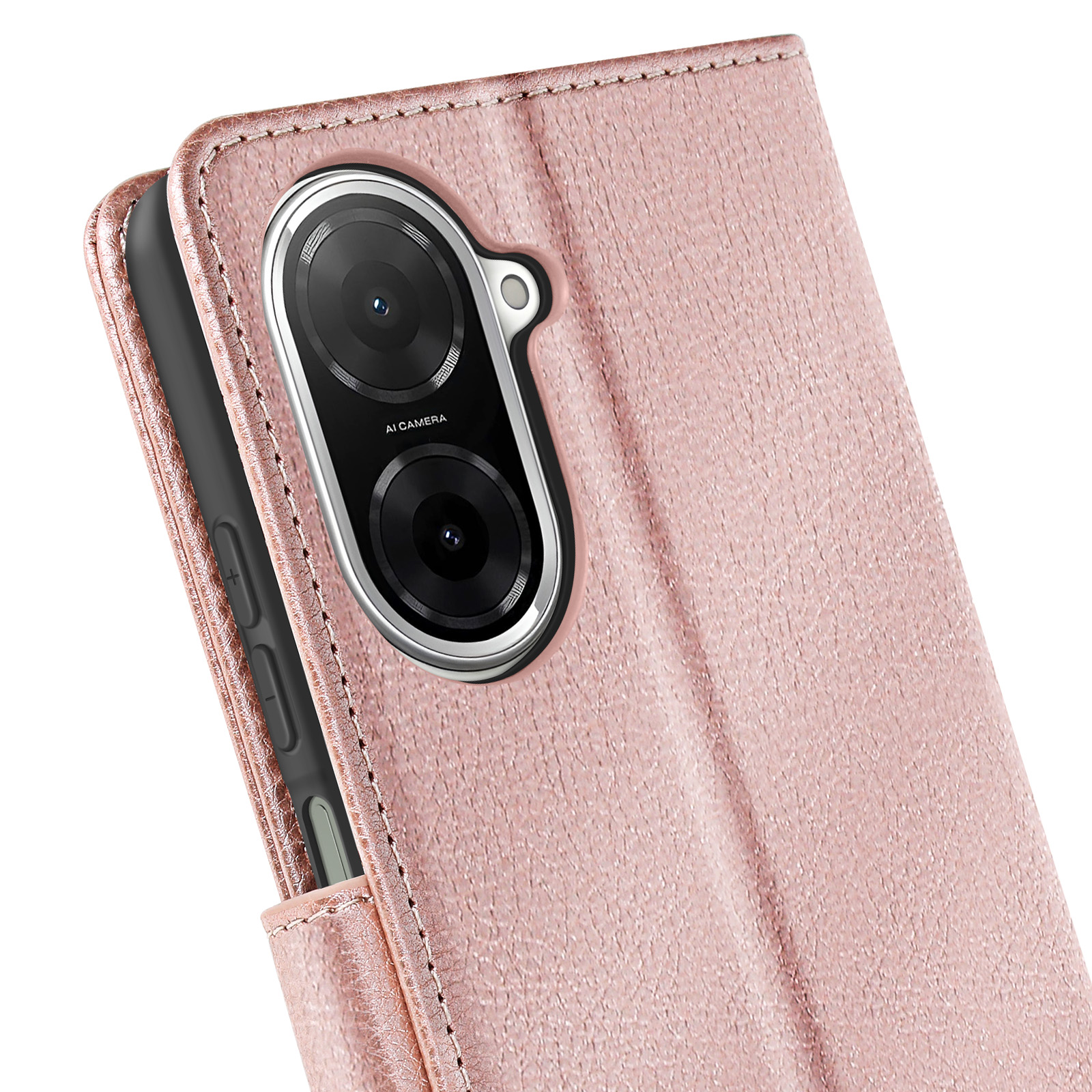 Primo piano di una custodia rosa per telefono con fotocamera visibile. La custodia ha una superficie strutturata e bordi cuciti.