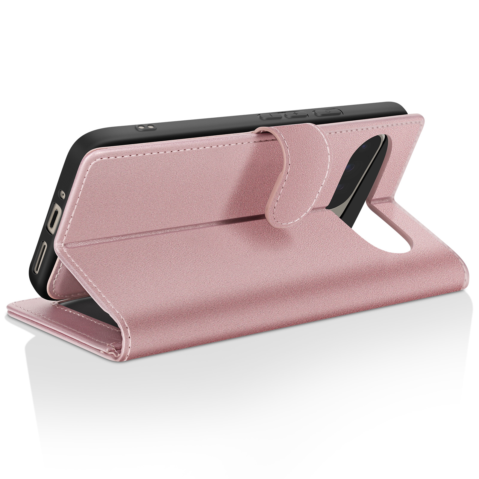 Una custodia rosa per telefono è aperta, che tiene un telefono nero. La custodia è simile alla pelle e ha cuciture bianche.