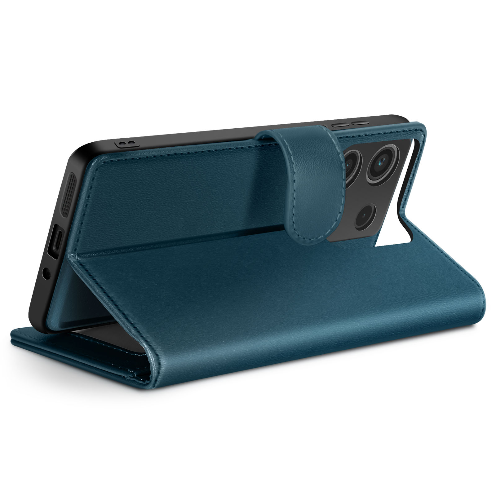 Una custodia per smartphone teal, aperta, che mostra un telefono. La custodia è in pelle, con chiusura magnetica. Il telefono ha fotocamere.