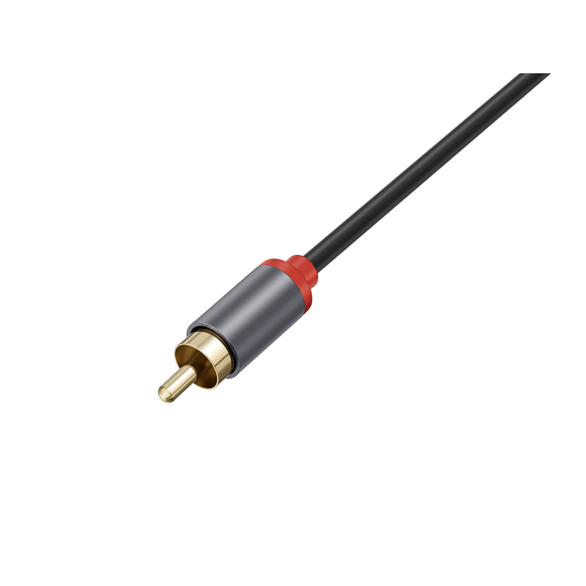 Un cavo RCA angolato verso il basso a sinistra. Ha un connettore dorato, un corpo grigio, un anello rosso e un cavo nero.