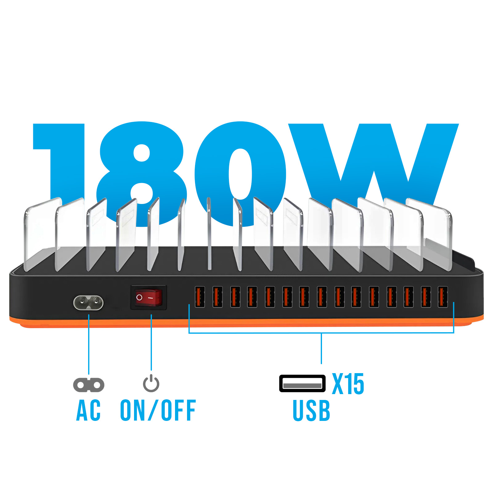 Eine schwarz-orangefarbene Ladestation mit 15 USB-Anschlüssen, einem Netzschalter und der blauen Aufschrift '180W'.