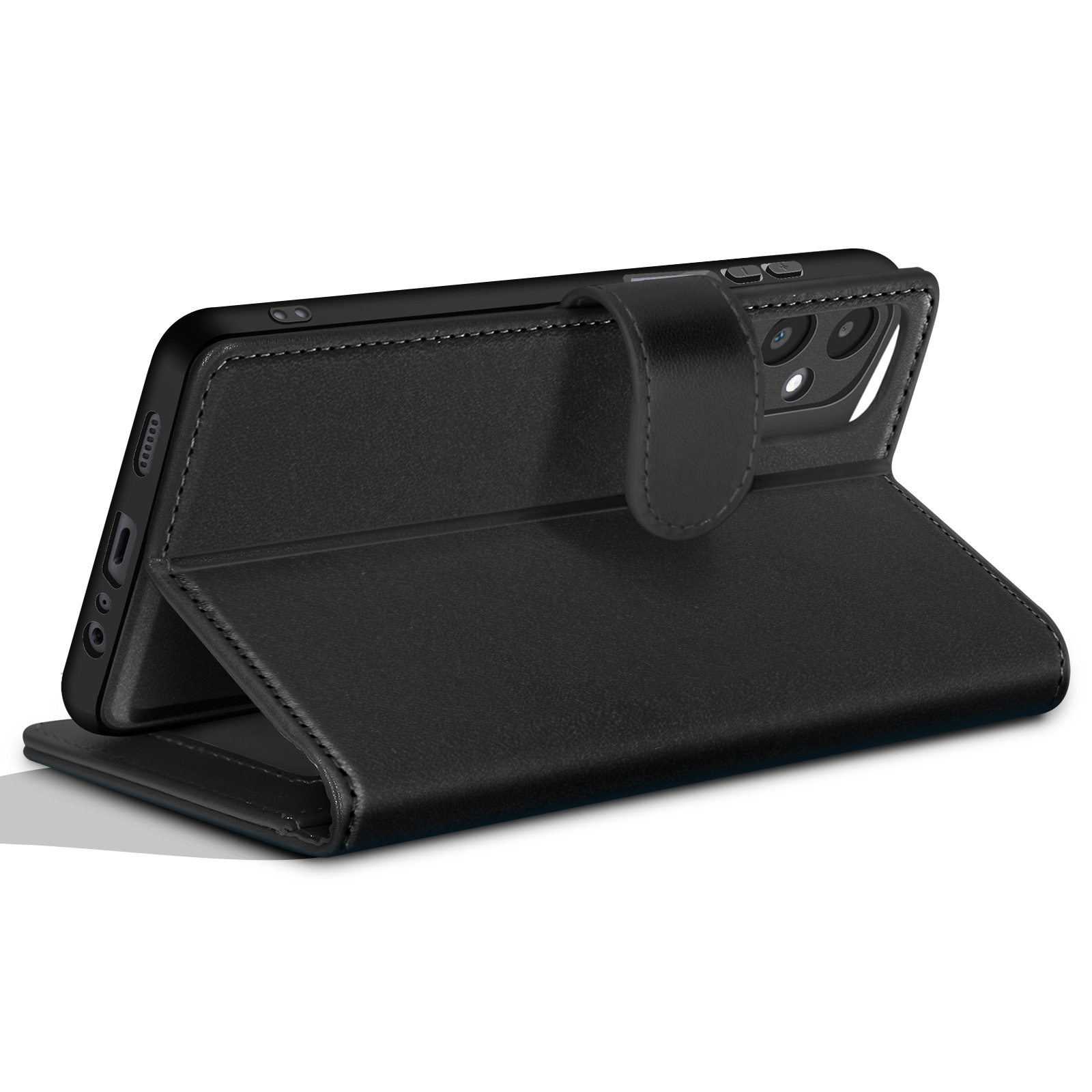 Custodia per telefono nera aperta, che mostra il telefono. La custodia ha una chiusura magnetica. Sfondo bianco.