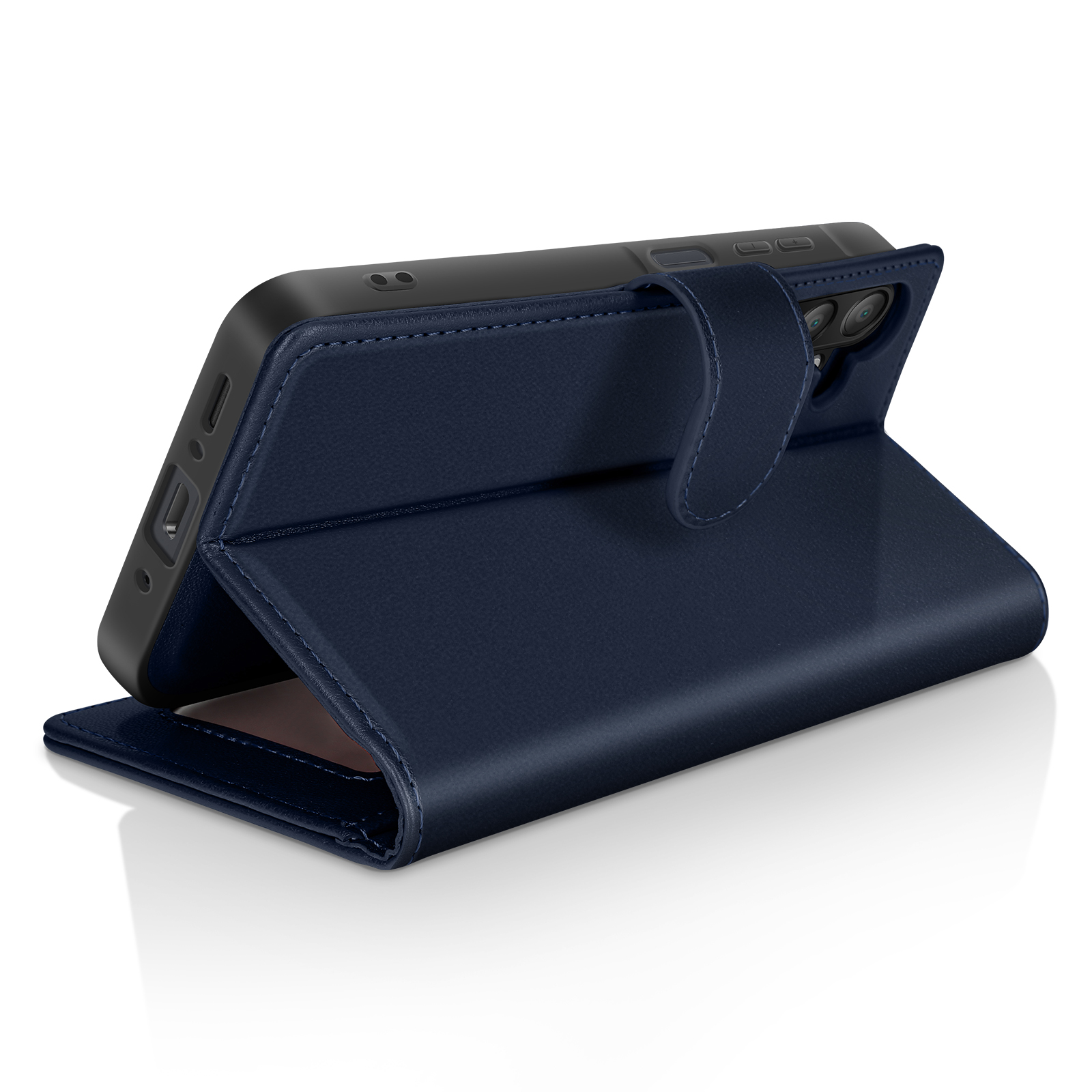 Custodia blu navy in posizione aperta, che mostra il telefono. Sfondo bianco con riflesso.