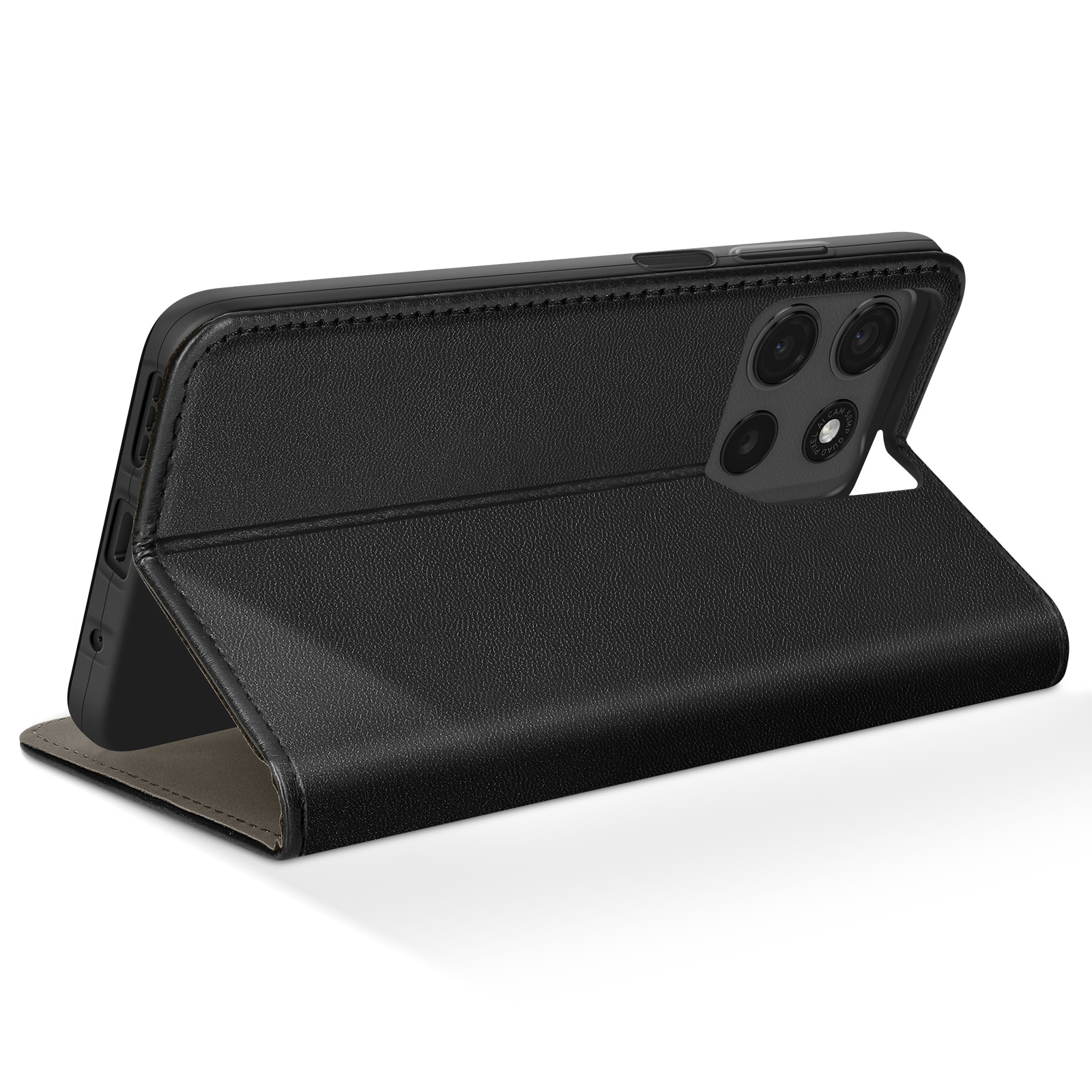 Custodia per telefono in pelle nera, aperta. Telefono con fotocamera visibile. La custodia è su una superficie bianca.