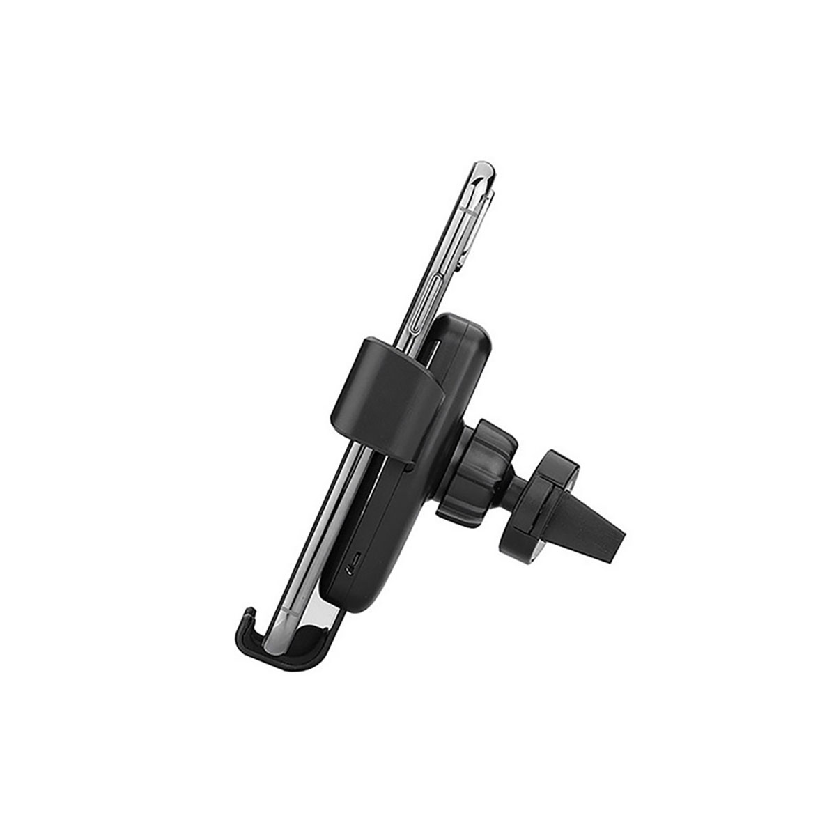 Un soporte negro para teléfono de coche con un teléfono dentro, sobre un fondo blanco.