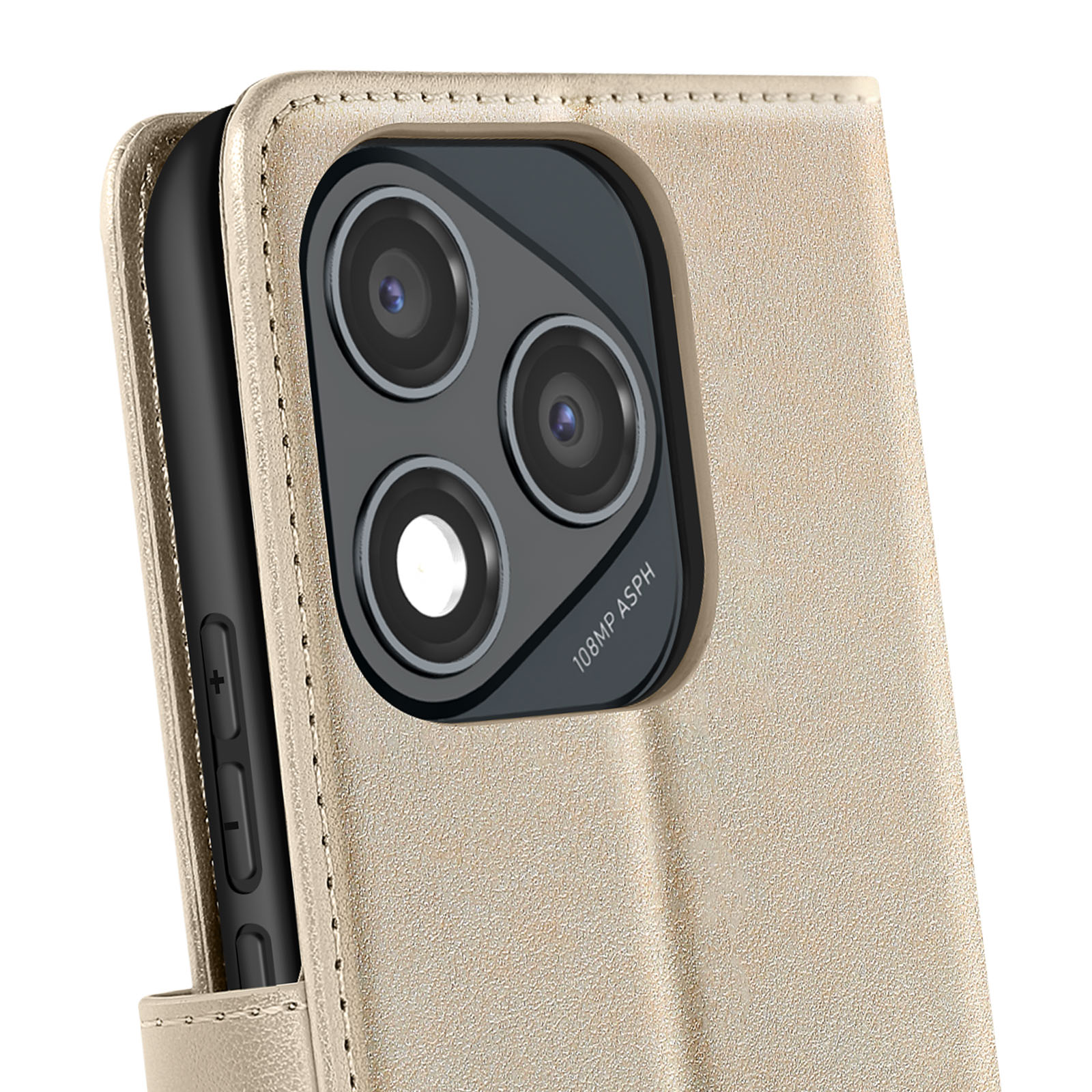 Primo piano di un telefono in una custodia di pelle beige. Le lenti della fotocamera del telefono sono visibili. La custodia ha una superficie strutturata.