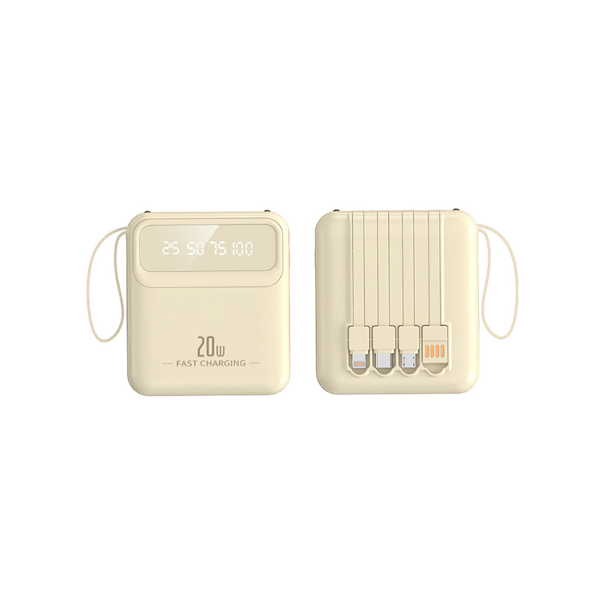 Cremefarbene Powerbank, Vorderseite mit Ladezustand und 20W Schnellladung. Rückseite mit Ladeanschlüssen und Schlaufe.