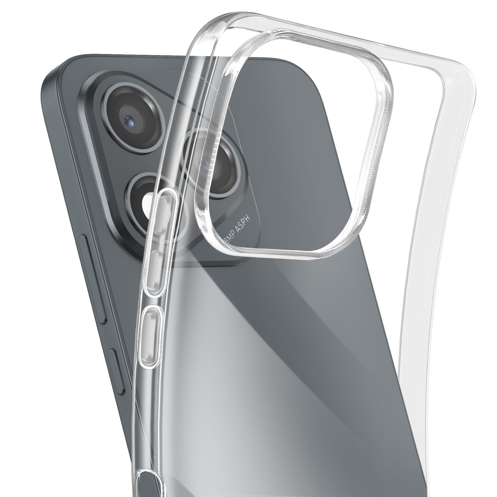 Een doorzichtige telefoonhoes bedekt gedeeltelijk een grijze telefoon. De hoes is transparant, met de camera zichtbaar.