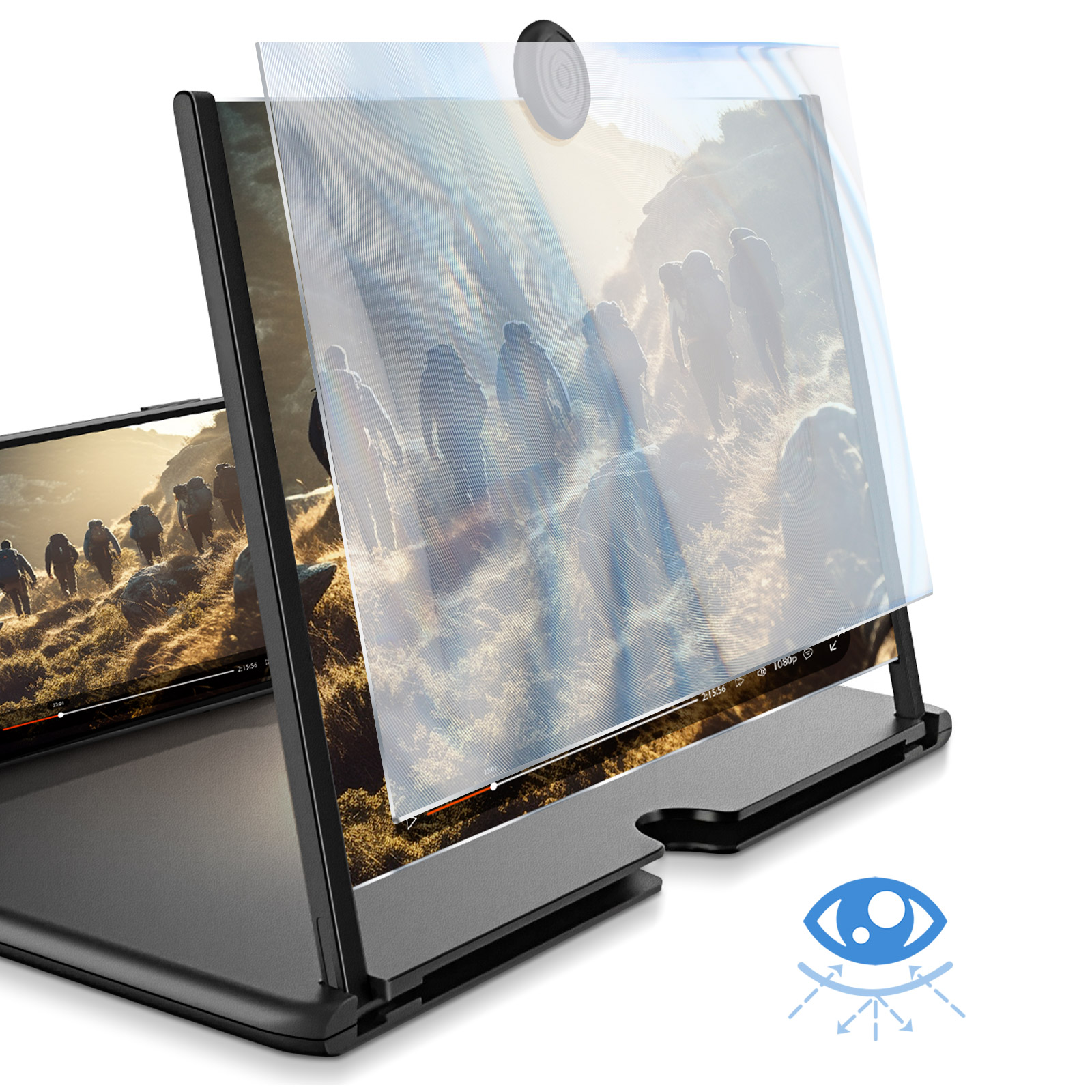 Un ingranditore di schermo su un laptop. Lo schermo mostra un video di escursionisti. L'ingranditore ha una lente e una struttura di supporto.