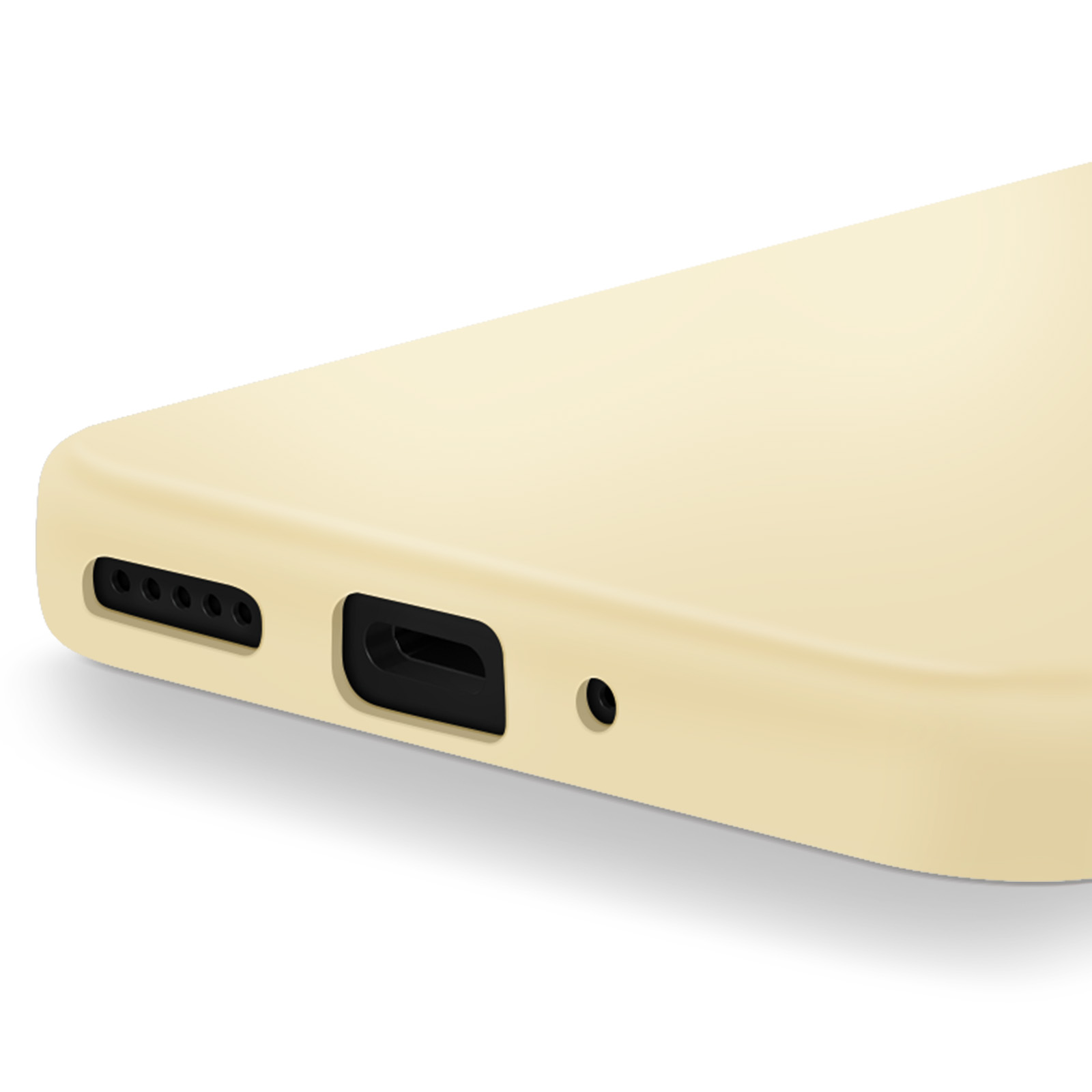 Primo piano del bordo inferiore di un telefono giallo pallido. Ha una porta, fori per altoparlanti e una porta di ricarica, tutti neri.