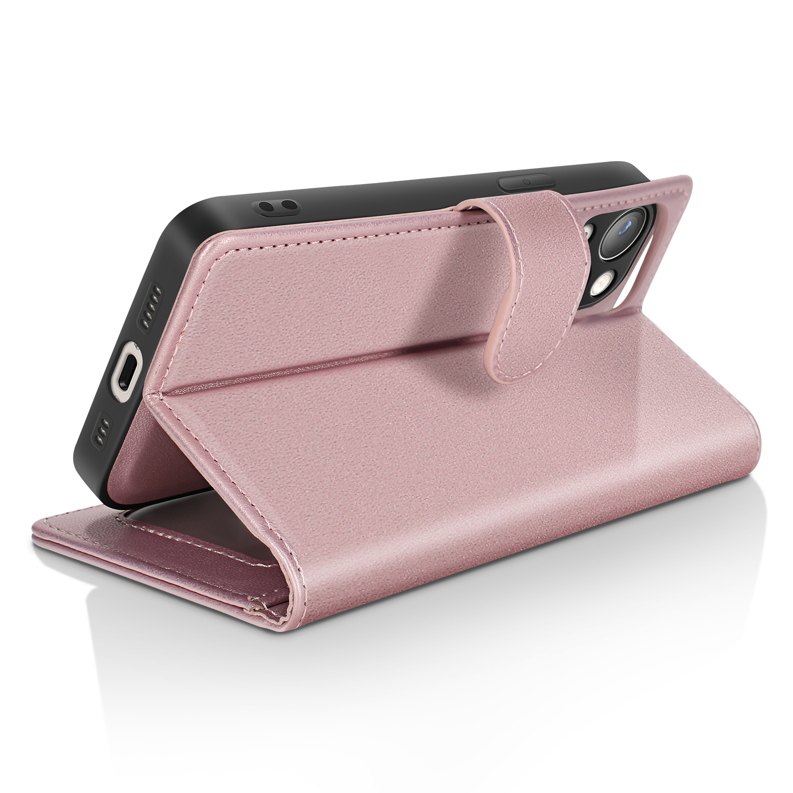 Custodia rosa per telefono, aperta. All'interno c'è un telefono nero. La custodia ha un cinturino magnetico.