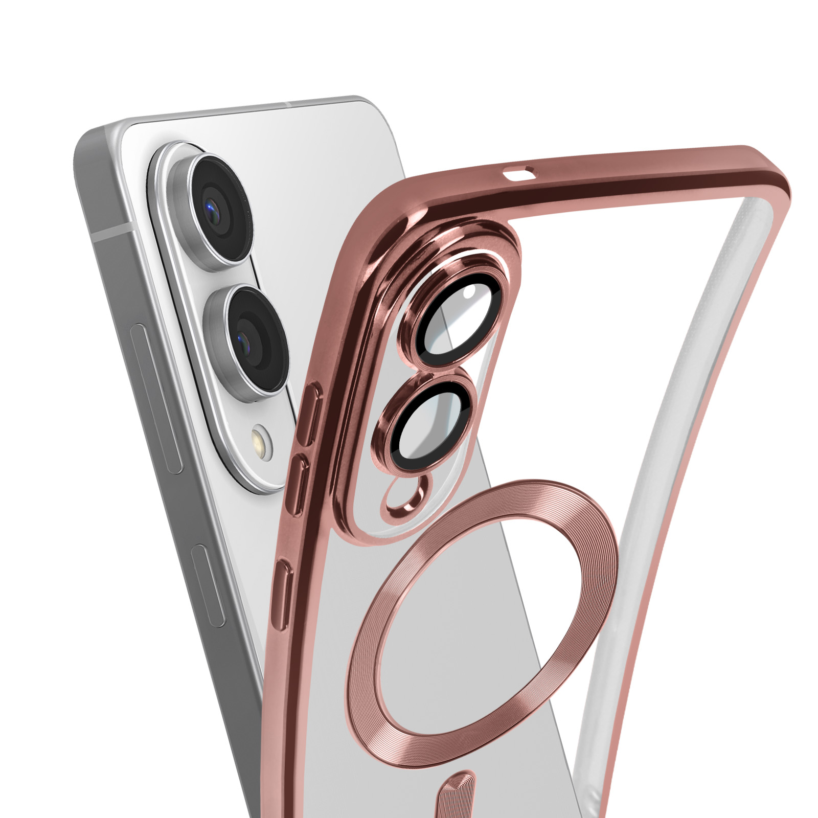 Sono mostrati una custodia per telefono e un telefono. La custodia è oro rosa e trasparente. Il telefono è argento.