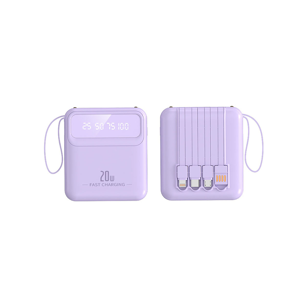Zwei lavendelfarbene Powerbanks. Eine zeigt den Batteriestand und 20W Schnellladung. Die andere hat Ladekabel.
