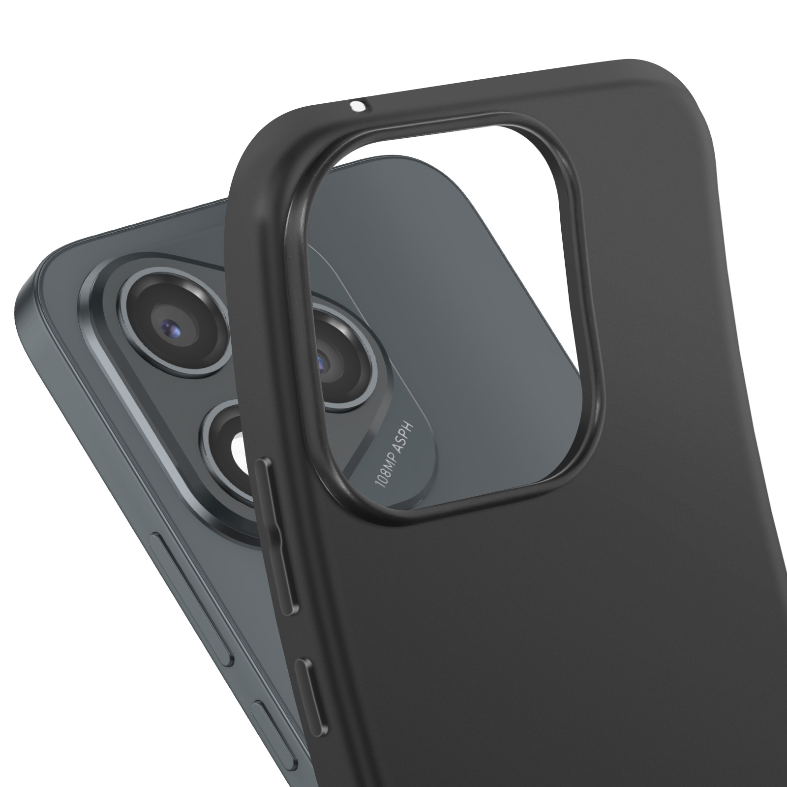 Gros plan d'un étui de téléphone noir placé sur un téléphone gris foncé avec trois objectifs d'appareil photo.