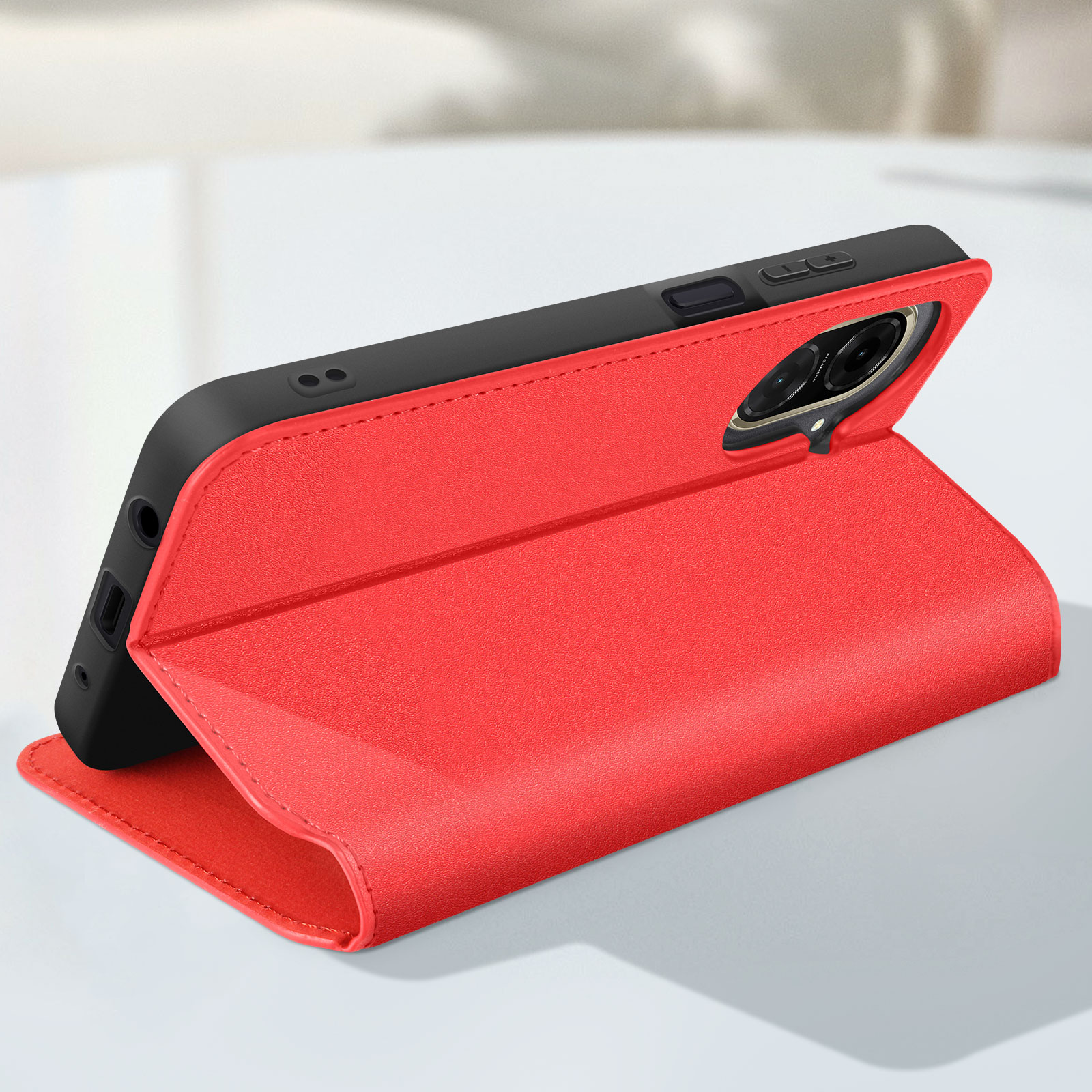 Custodia rossa per telefono aperta, mostra il telefono. Cornice nera, copertura rossa similpelle. Sfondo bianco.