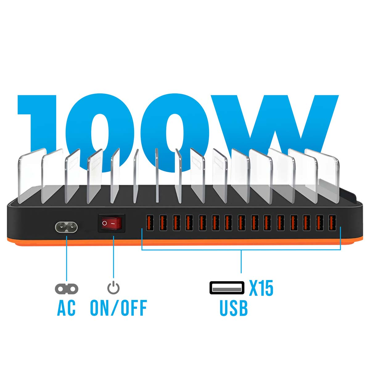 Schwarze und orangefarbene USB-Ladestation mit 15 Anschlüssen. Sie hat Steckplätze für Geräte und einen Ein-/Ausschalter mit der Aufschrift '100W'.
