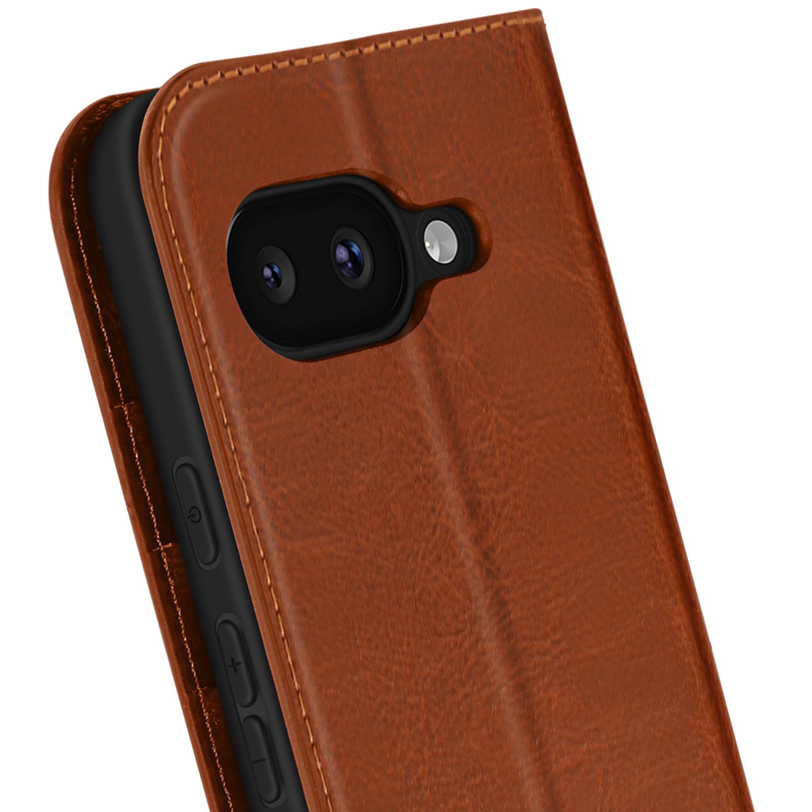 Un étui de téléphone en cuir marron avec caméra, boutons d'alimentation et de volume visibles. La caméra du téléphone est visible.