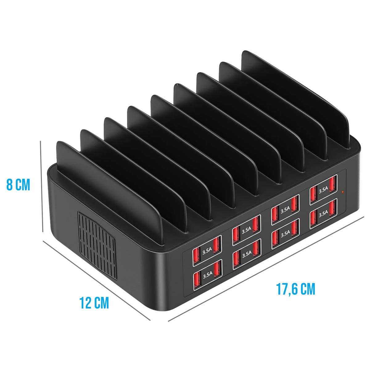 Schwarze Ladestation mit mehreren Steckplätzen. Sie hat 10 USB-Anschlüsse mit angegebenen Abmessungen. Höhe 8 cm, Breite 12 cm, Länge 17,6 cm.
