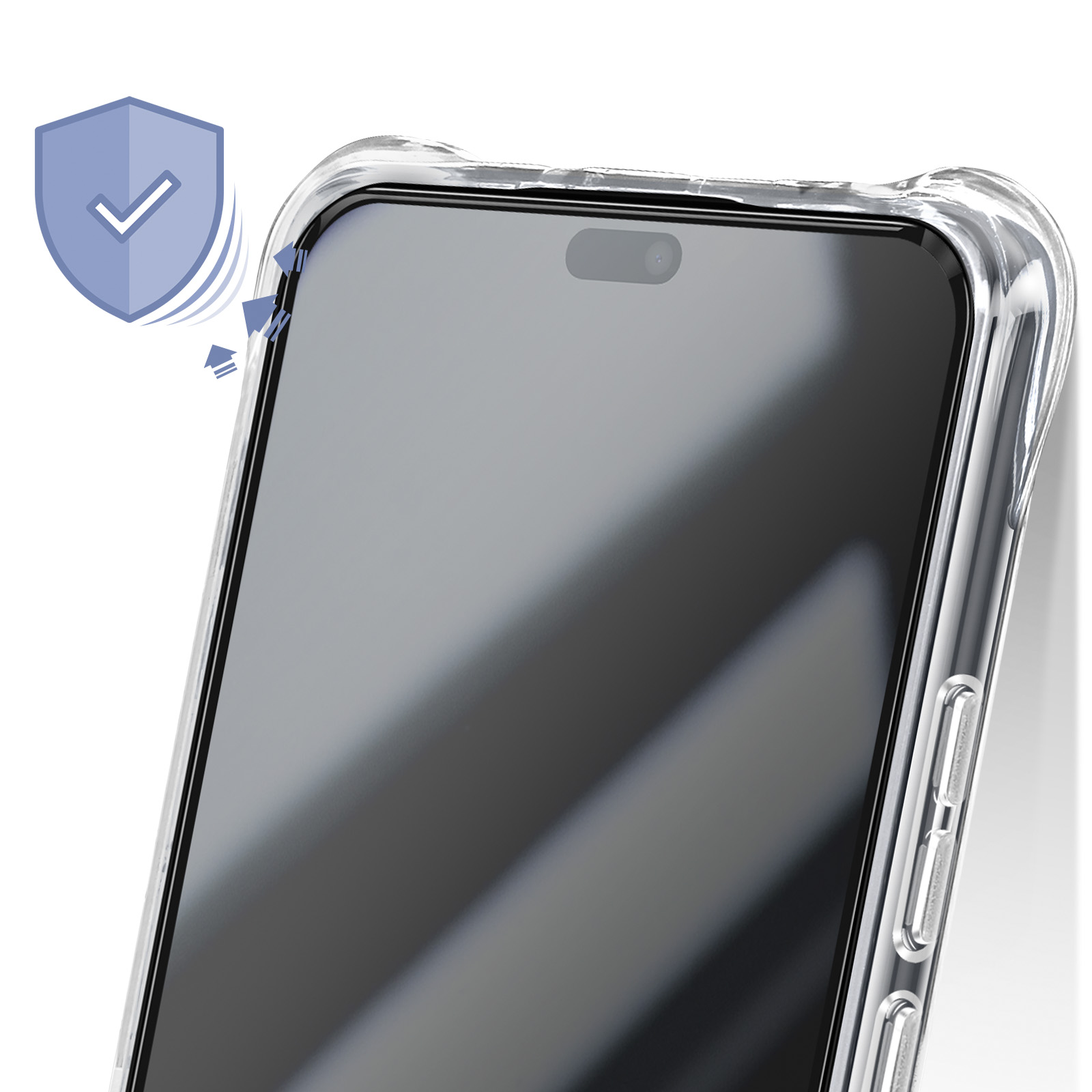 Una custodia trasparente per telefono che protegge un telefono. Uno scudo con un segno di spunta indica protezione. Le frecce puntano verso la custodia.