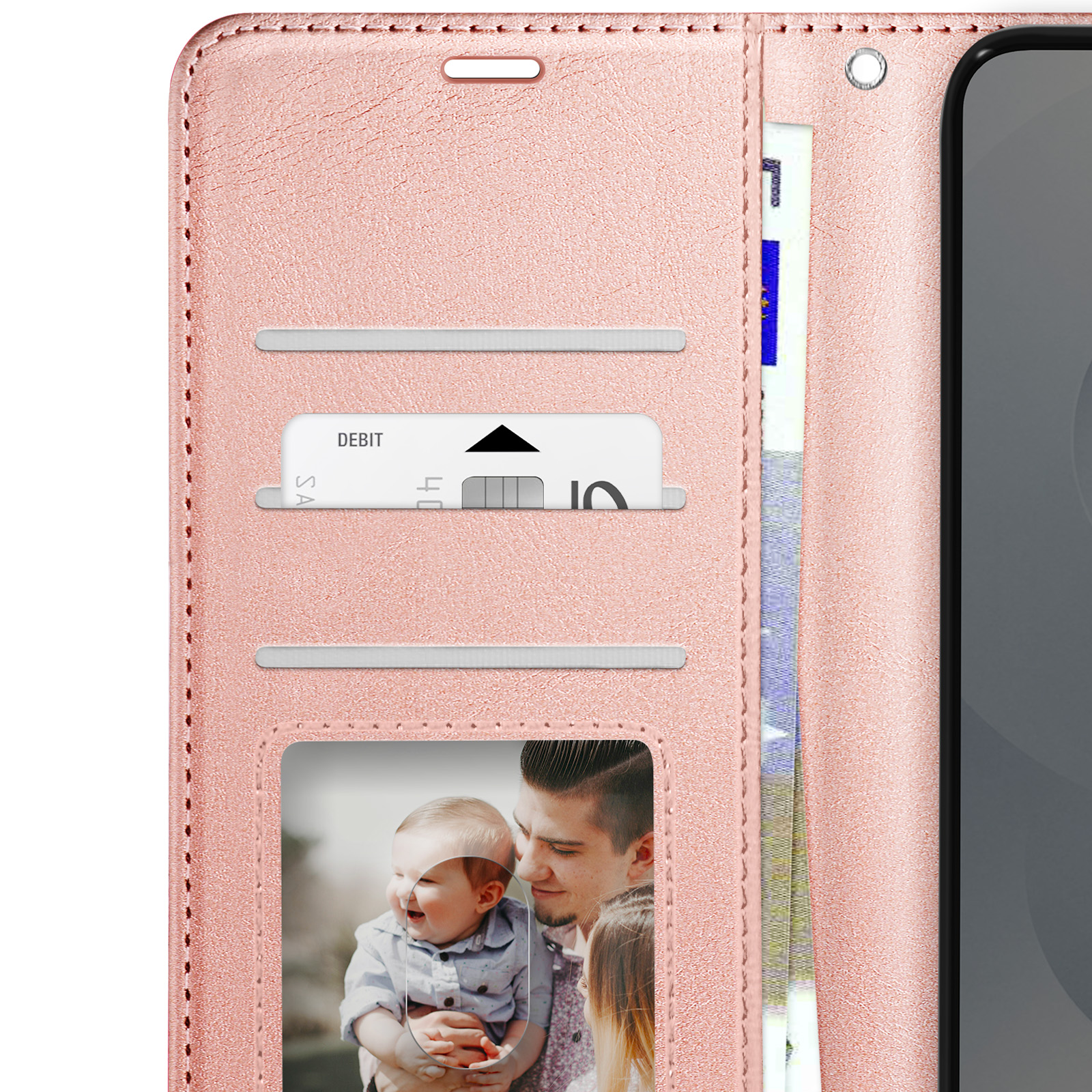 Custodia rosa per telefono con foto di famiglia, fessure per carte e carta di debito.