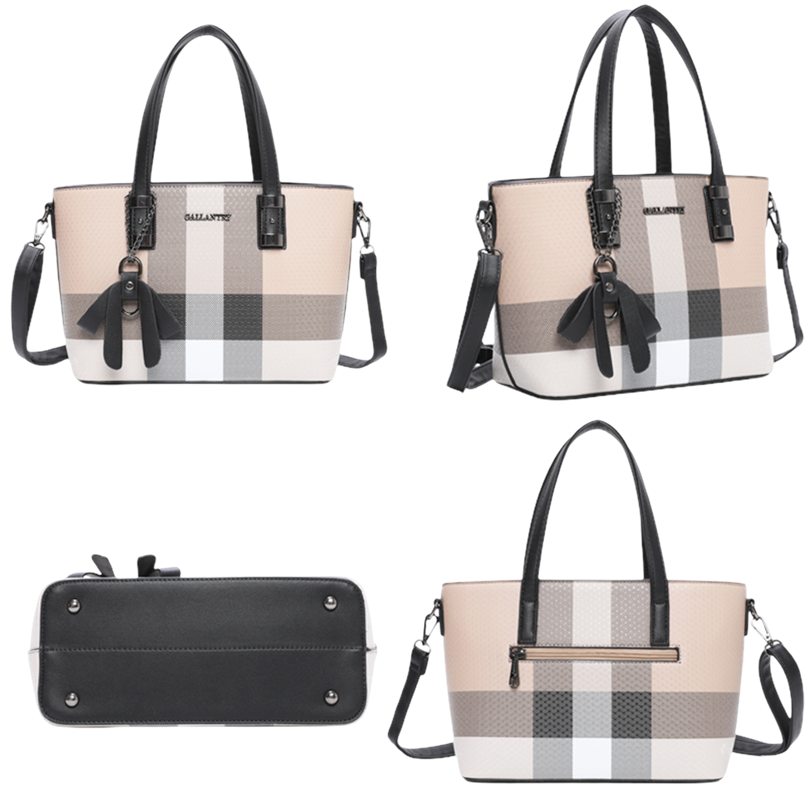 Un bolso tote beige con estampado de cuadros, asas y detalles negros y una borla negra. Incluye una correa para el hombro.