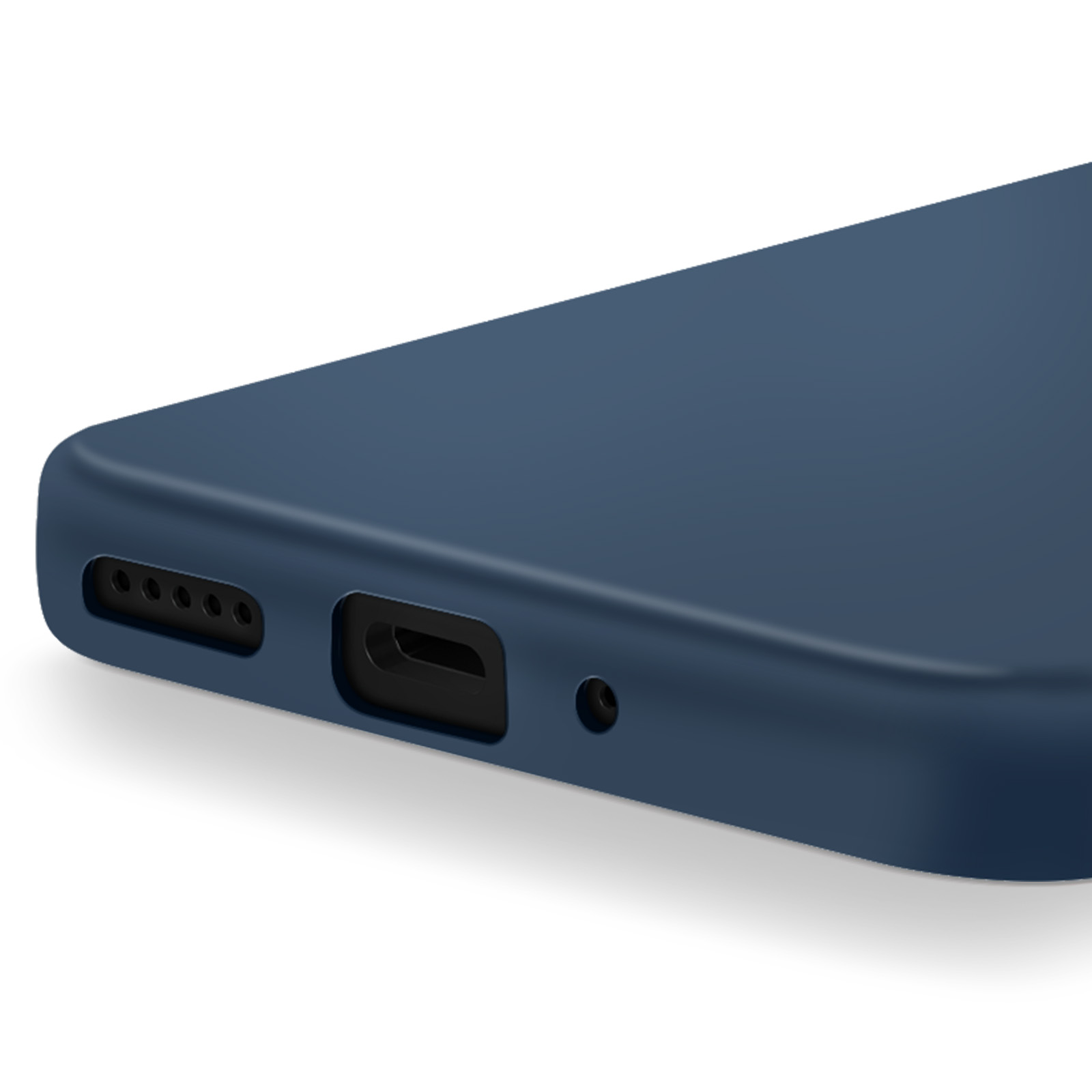 Primo piano di una custodia per telefono blu scuro. Mostra il bordo inferiore con fori per altoparlanti, porta di ricarica e microfono.