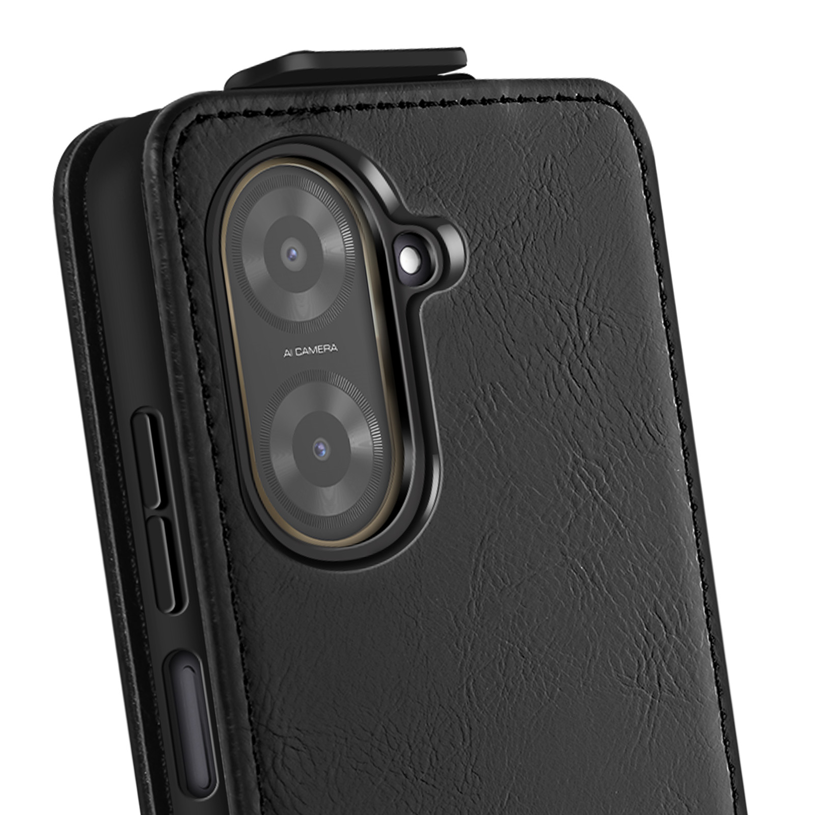 Primo piano di una custodia nera per telefono con modulo fotocamera. La custodia ha una texture in pelle e un bordo cucito.