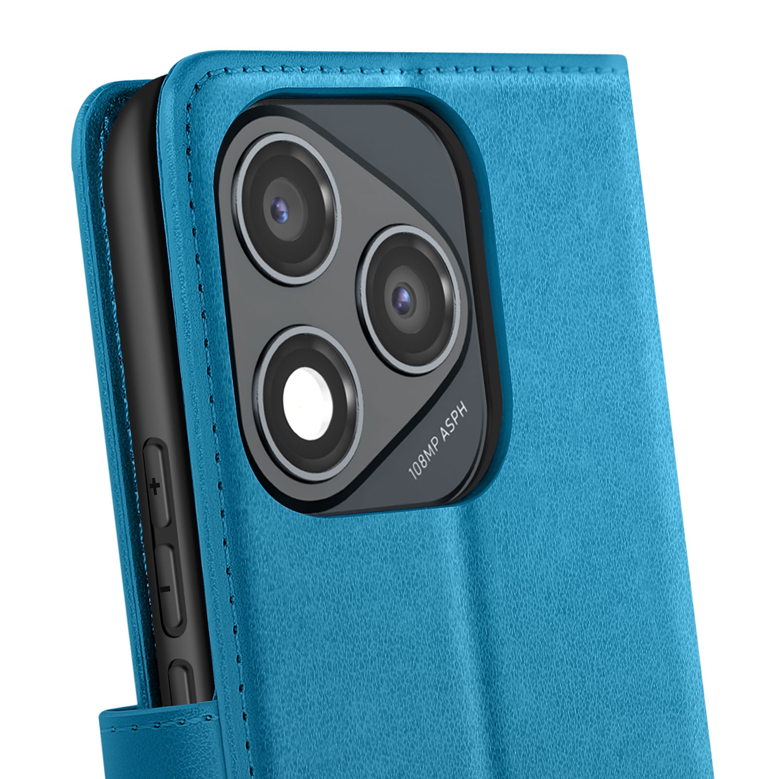 Primo piano di una custodia per telefono color turchese con un telefono all'interno. Il telefono ha una fotocamera con tre lenti.