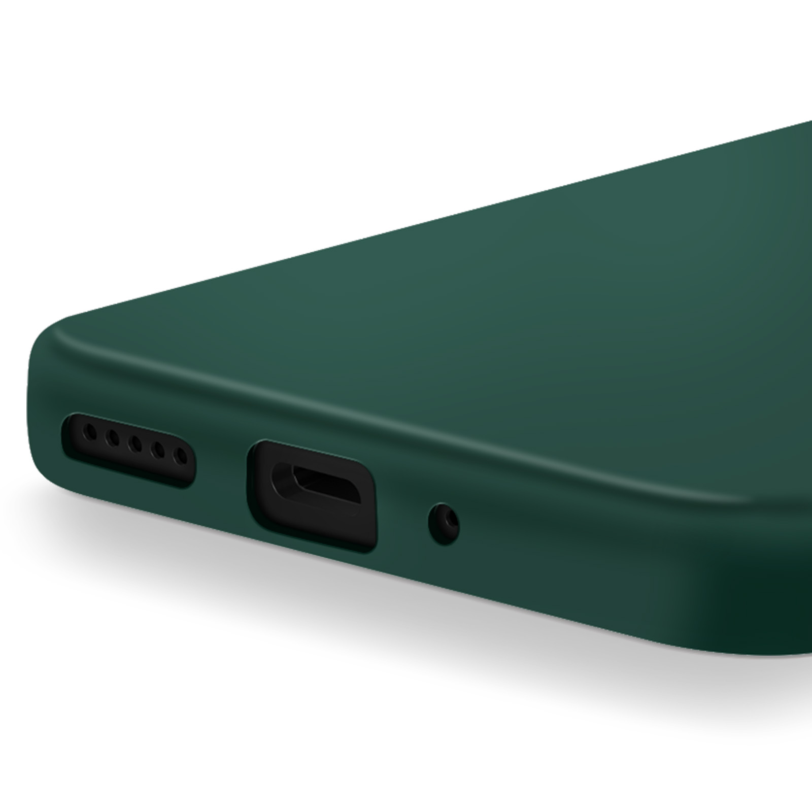 Primo piano di una custodia per telefono verde scuro. Mostra il bordo inferiore con fori per altoparlanti, porta di ricarica e microfono.