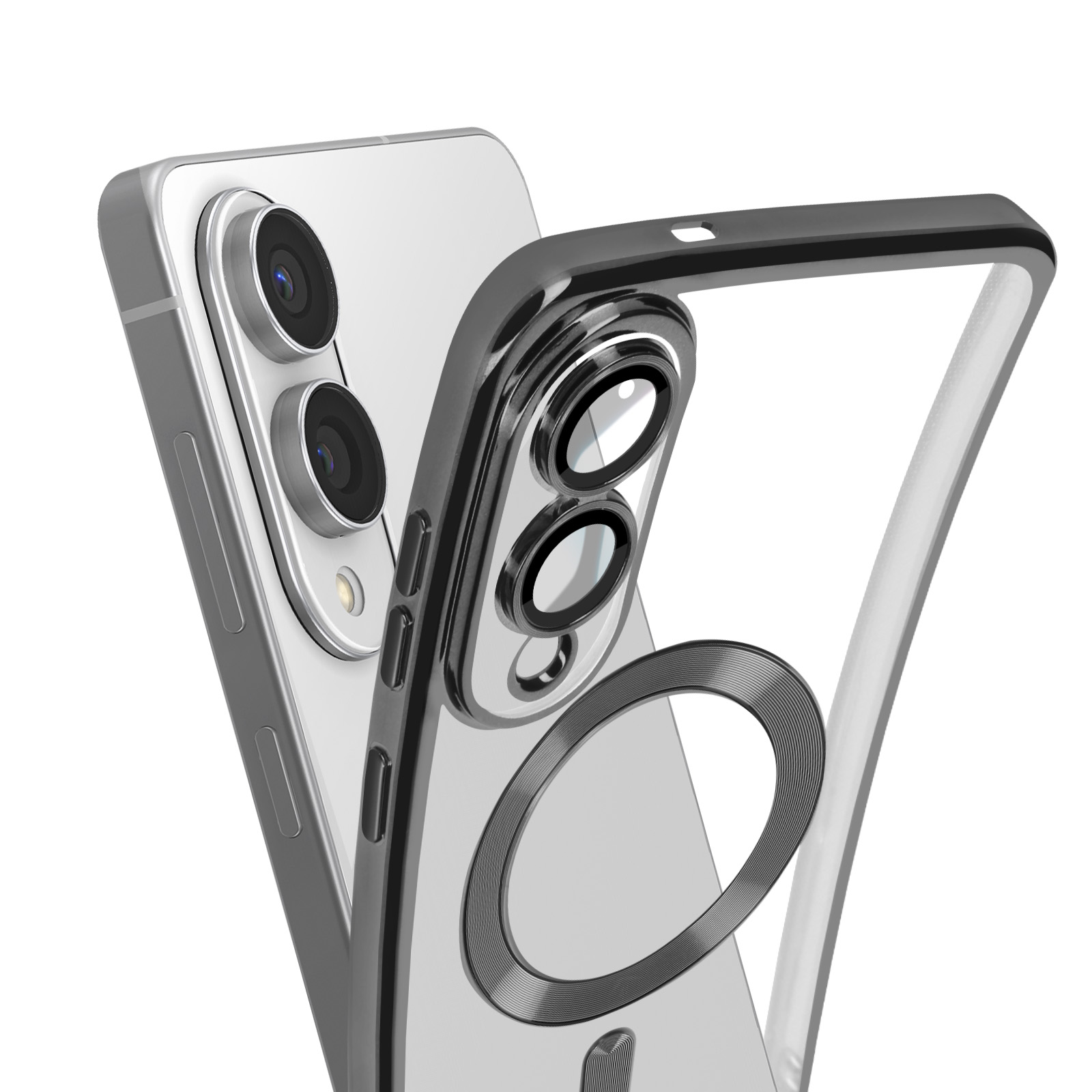 Un telefono e una custodia trasparente. Il telefono ha tre obiettivi. La custodia ha un anello magnetico.