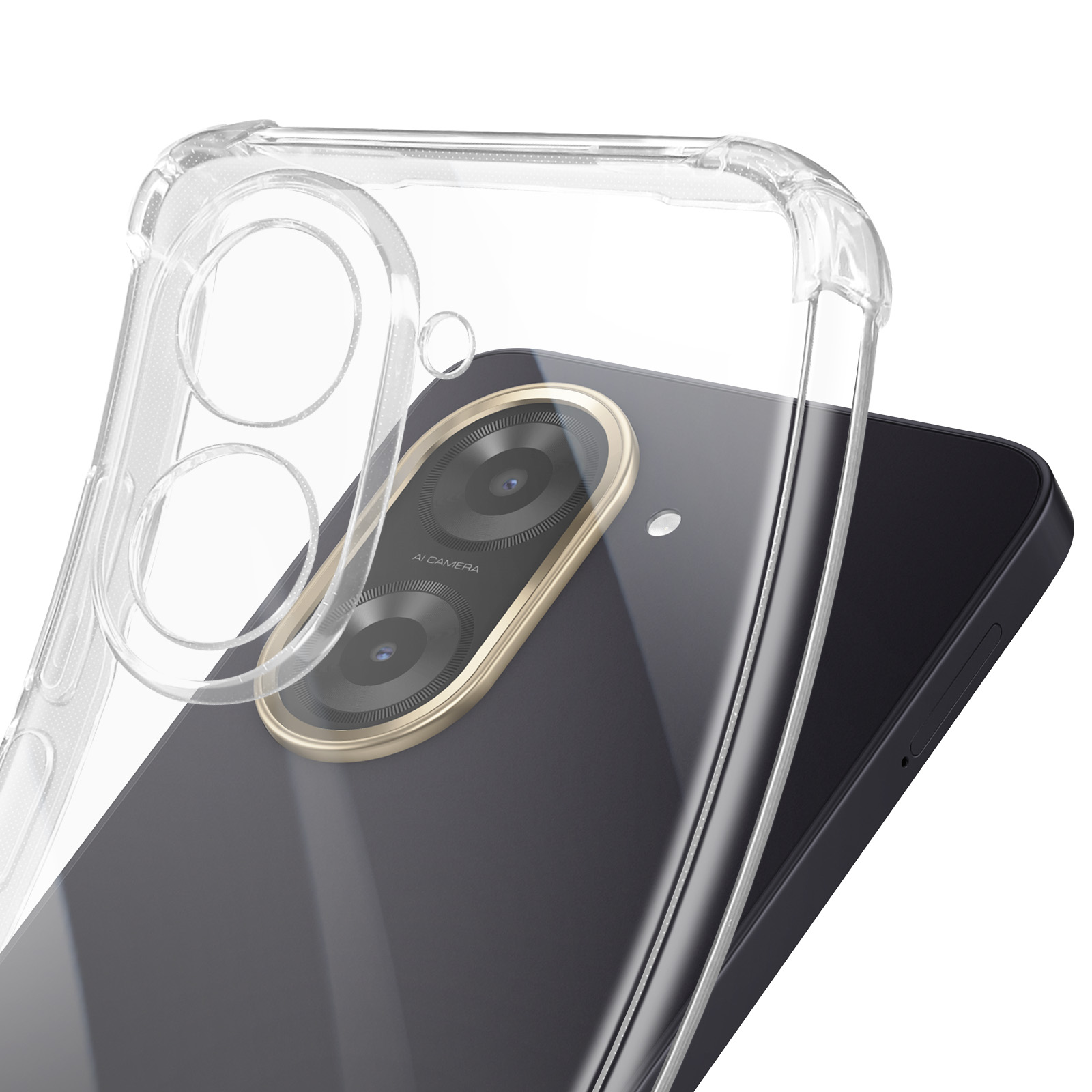 Custodia trasparente su smartphone nero. Il modulo fotocamera del telefono è visibile, incorniciato in oro.