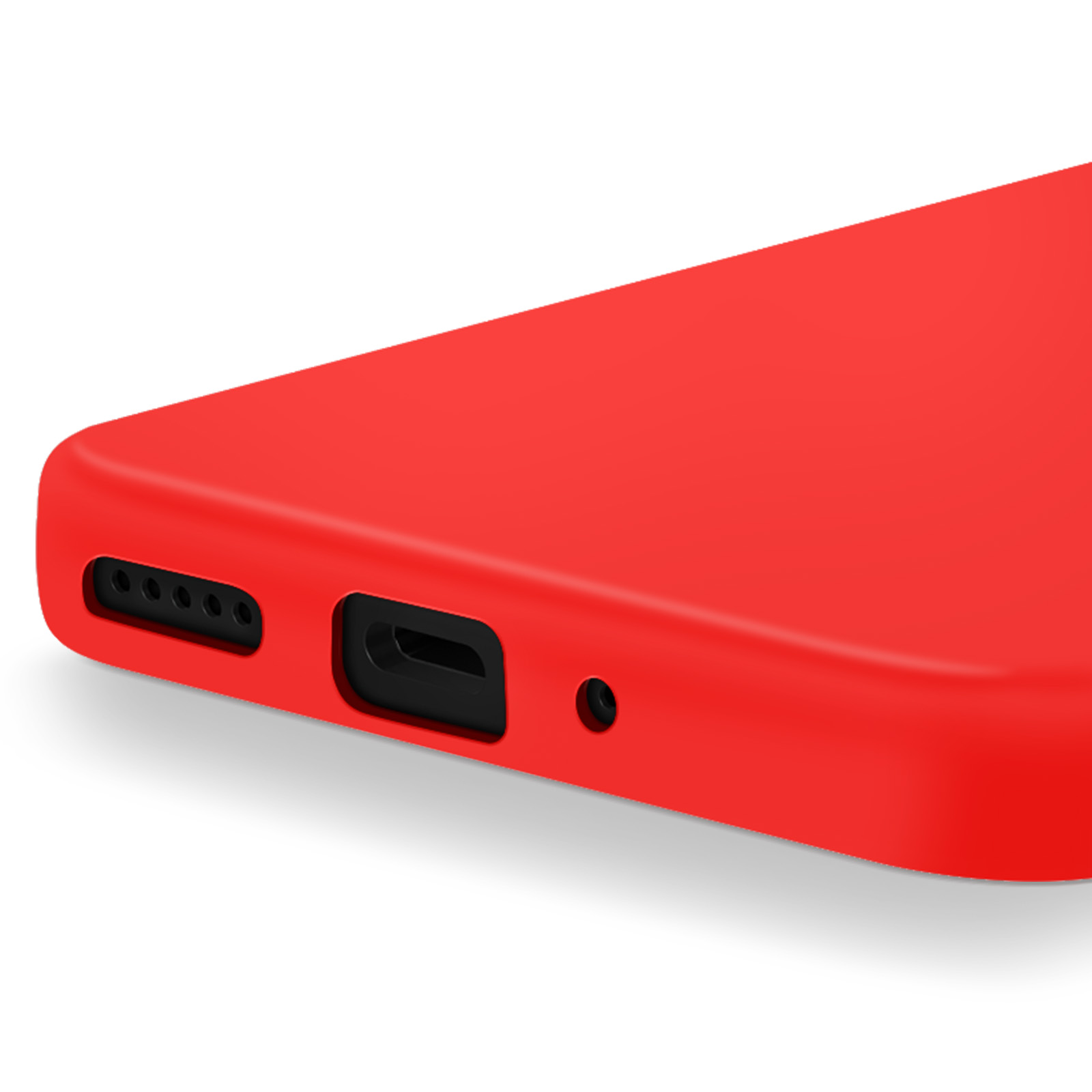Primo piano di una custodia rossa per telefono con ritagli neri per porte e altoparlante.